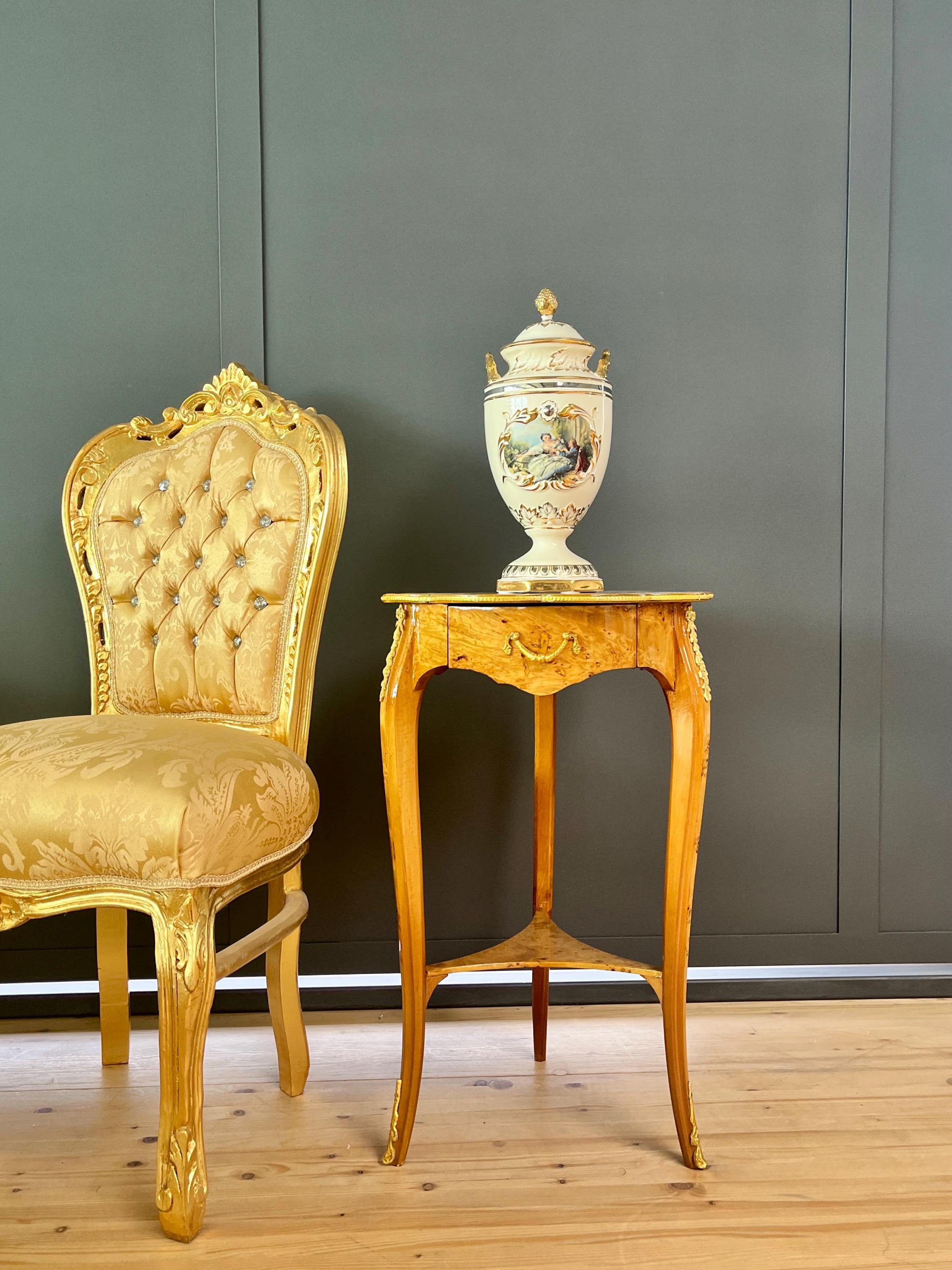 Handmade Baroque Style Side Table Yellow Myrtle Veneer Solid Beech Wood