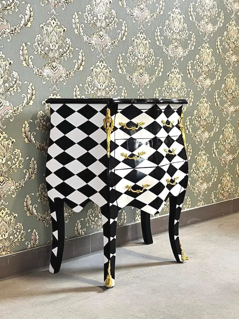 Rococo Black Diamond Print Nightstand Hand-Carved Luxury Bedroom Accent Table