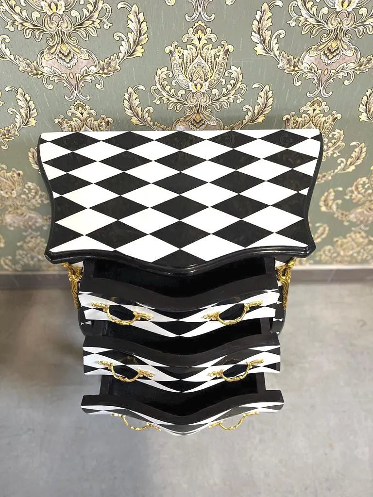 Rococo Black Diamond Print Nightstand Hand-Carved Luxury Bedroom Accent Table