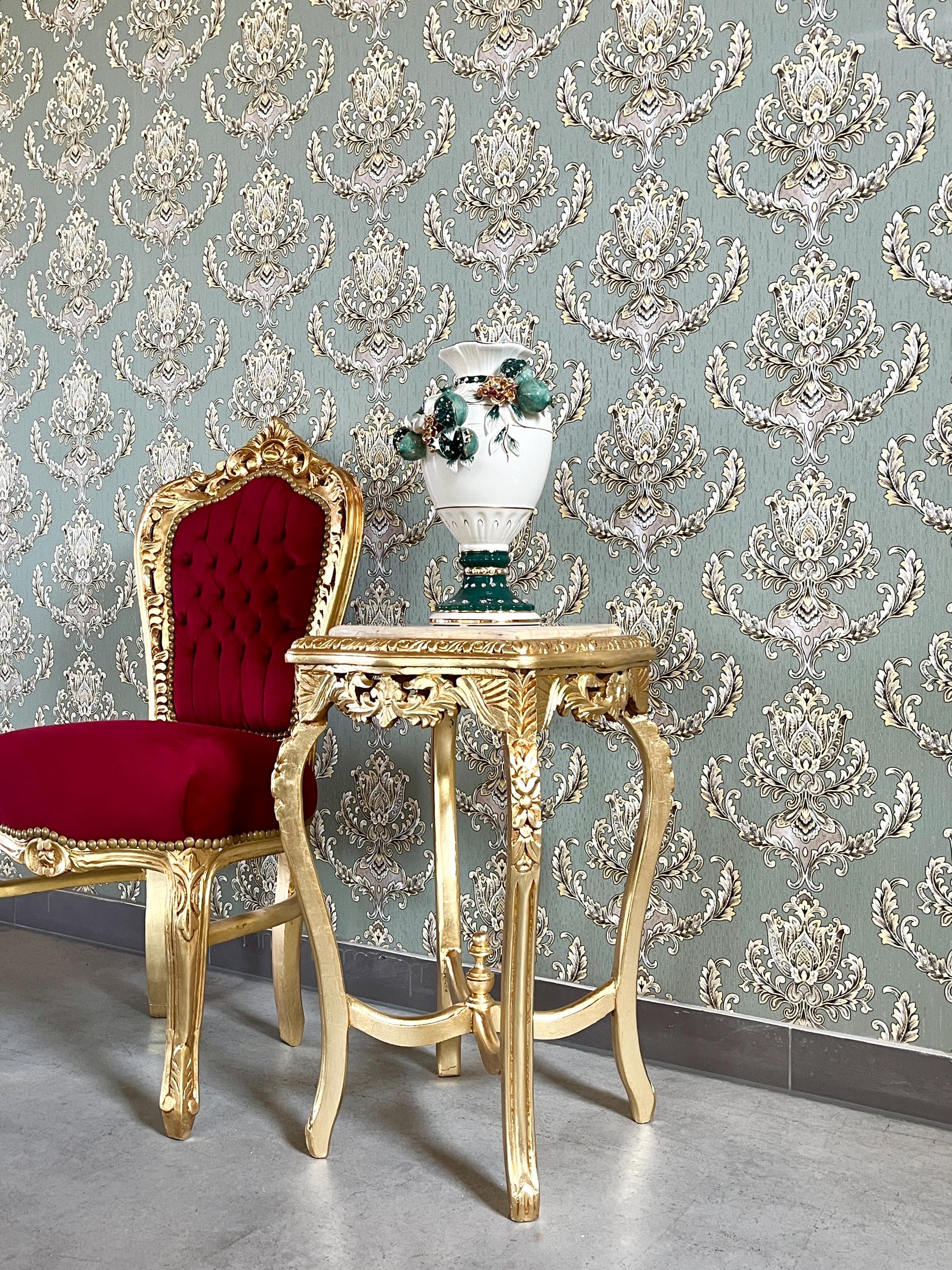 Baroque Accent Side Table: French Style Beige Marble Top and Gold Finish