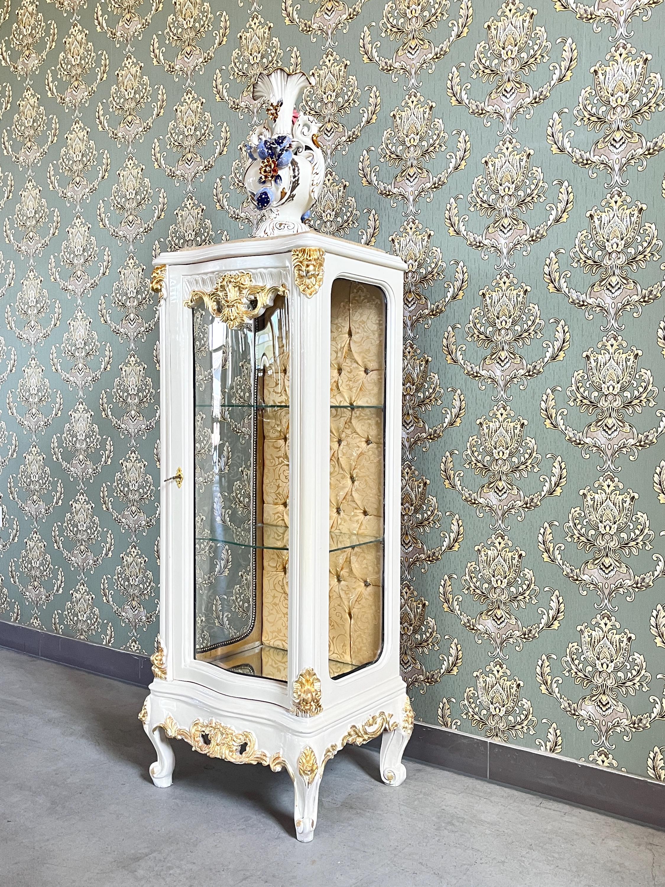 French Baroque Style Showcase Gold Silver Finish Glass Door Display Cabinet