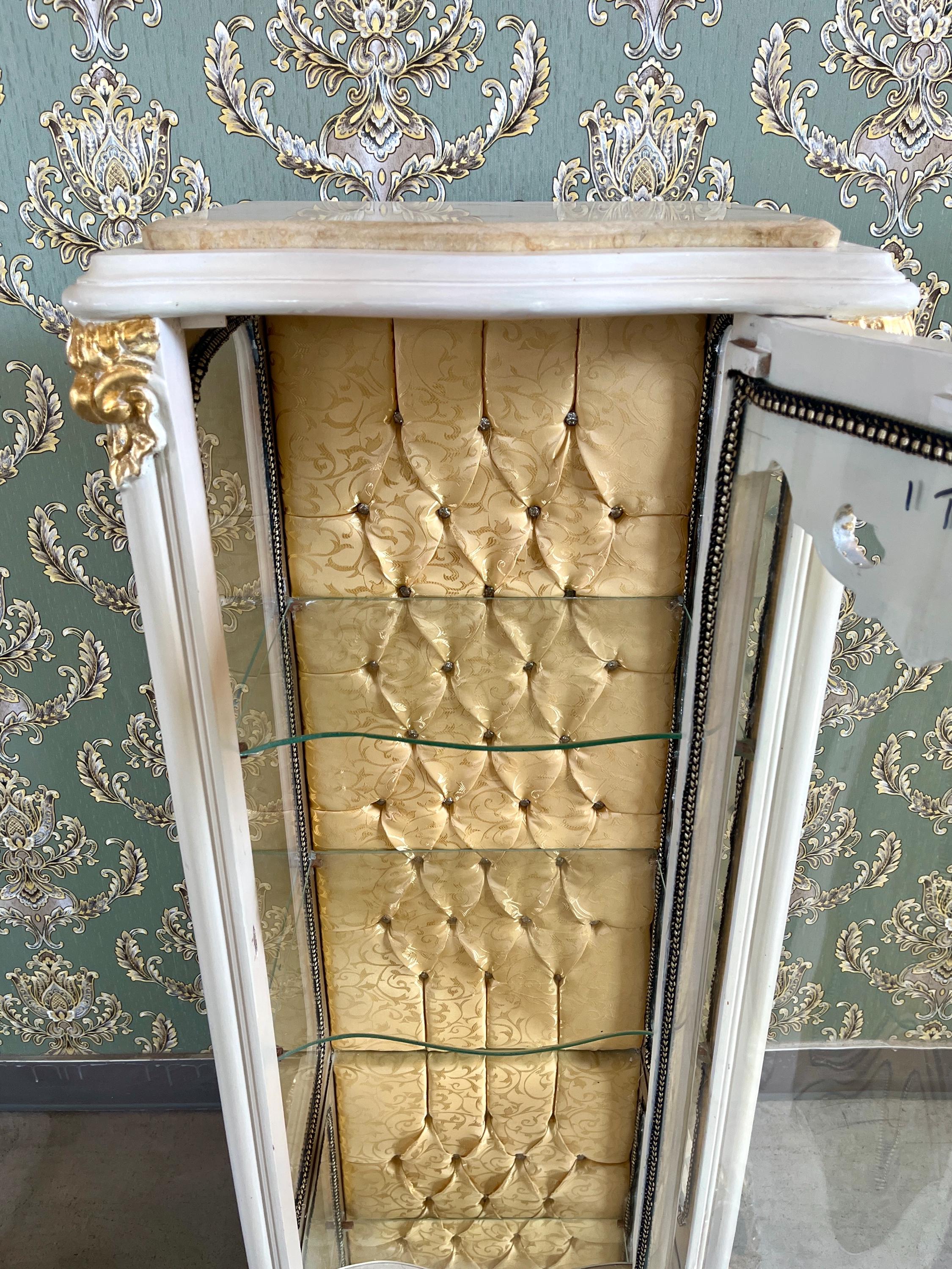 French Baroque Style Showcase Gold Silver Finish Glass Door Display Cabinet