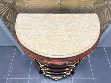Baroque Style Chest of Drawers Inlaid Wood Leaf Motif Marble Top Brass Handles