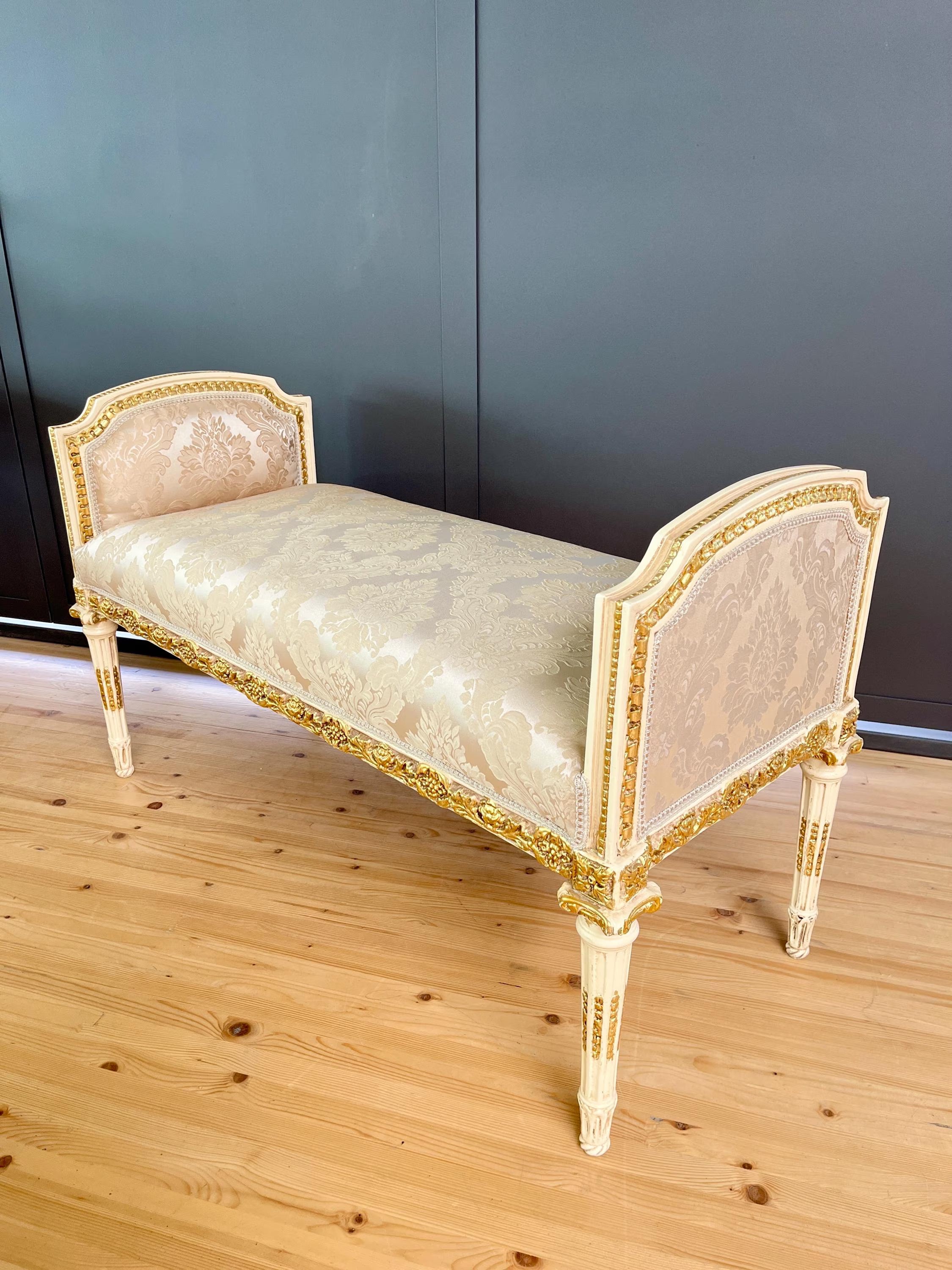 Rococo Accent Bench Pearl White Floral Upholstery Louis XV Revival Loveseat