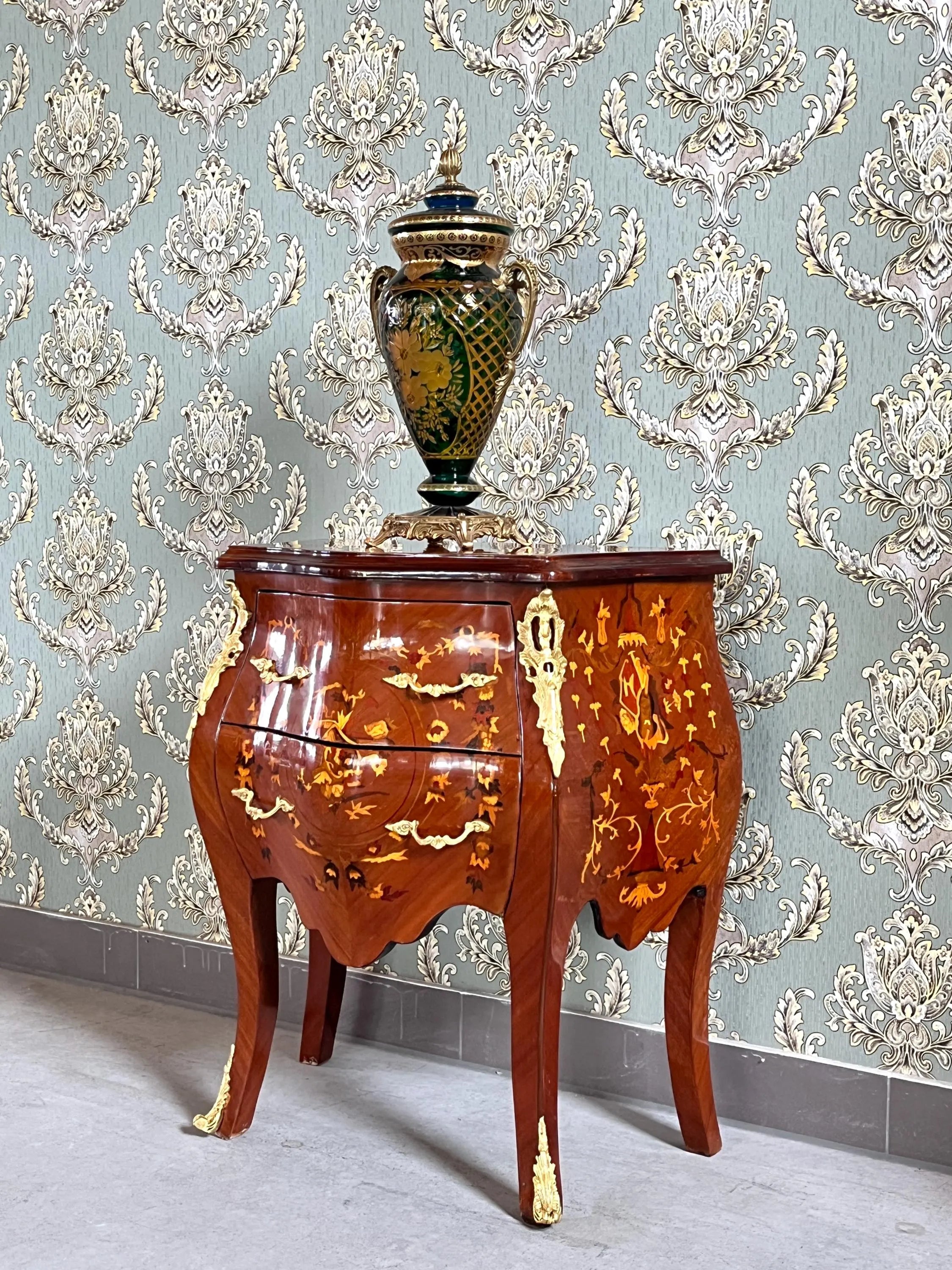 Glossy Chest of Drawer inlaid Wood Louis XV Style Dresser Marble Top Luxury Furniture