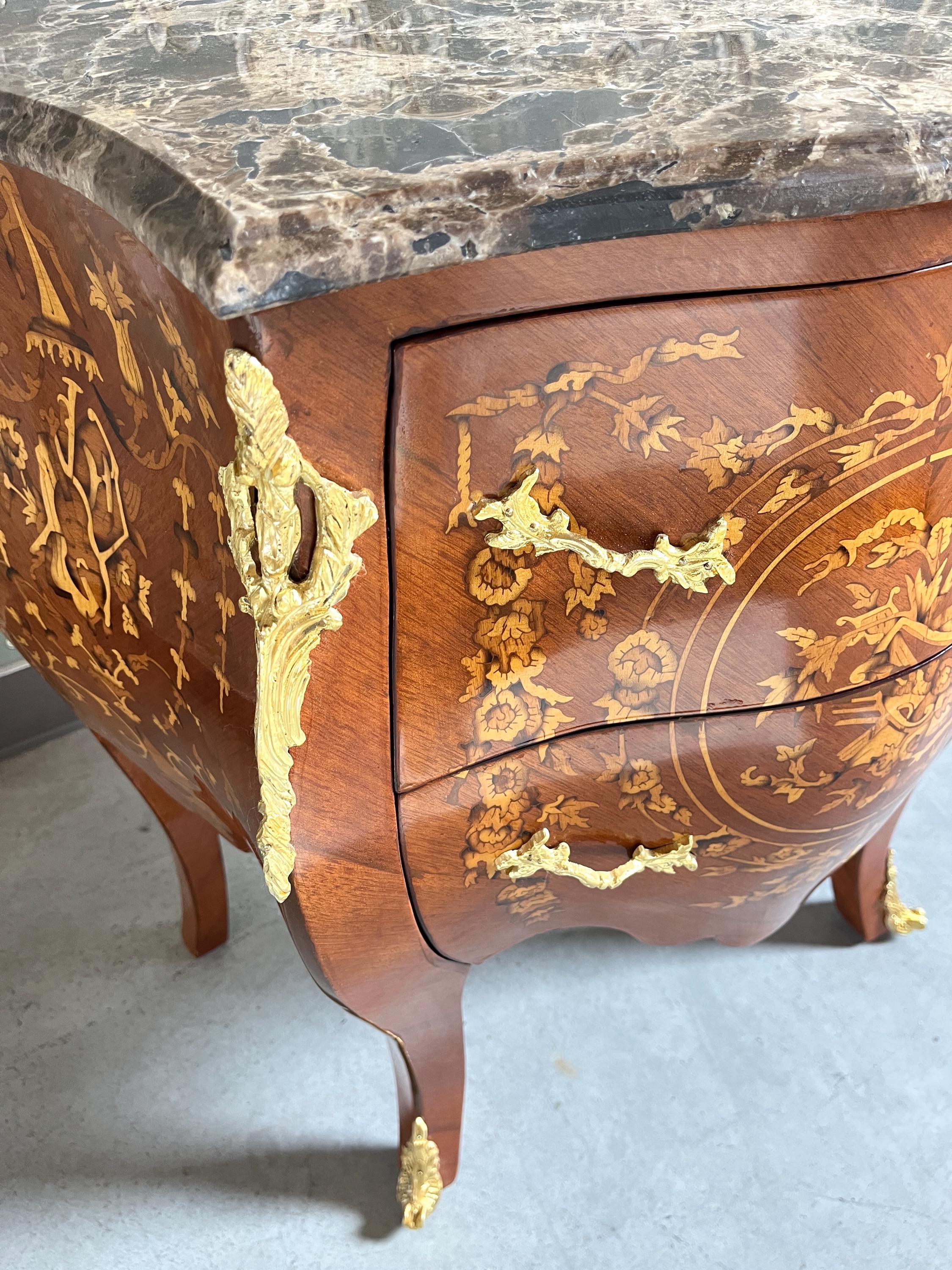 Glossy Chest of Drawer inlaid Wood Louis XV Style Dresser Marble Top Luxury Furniture
