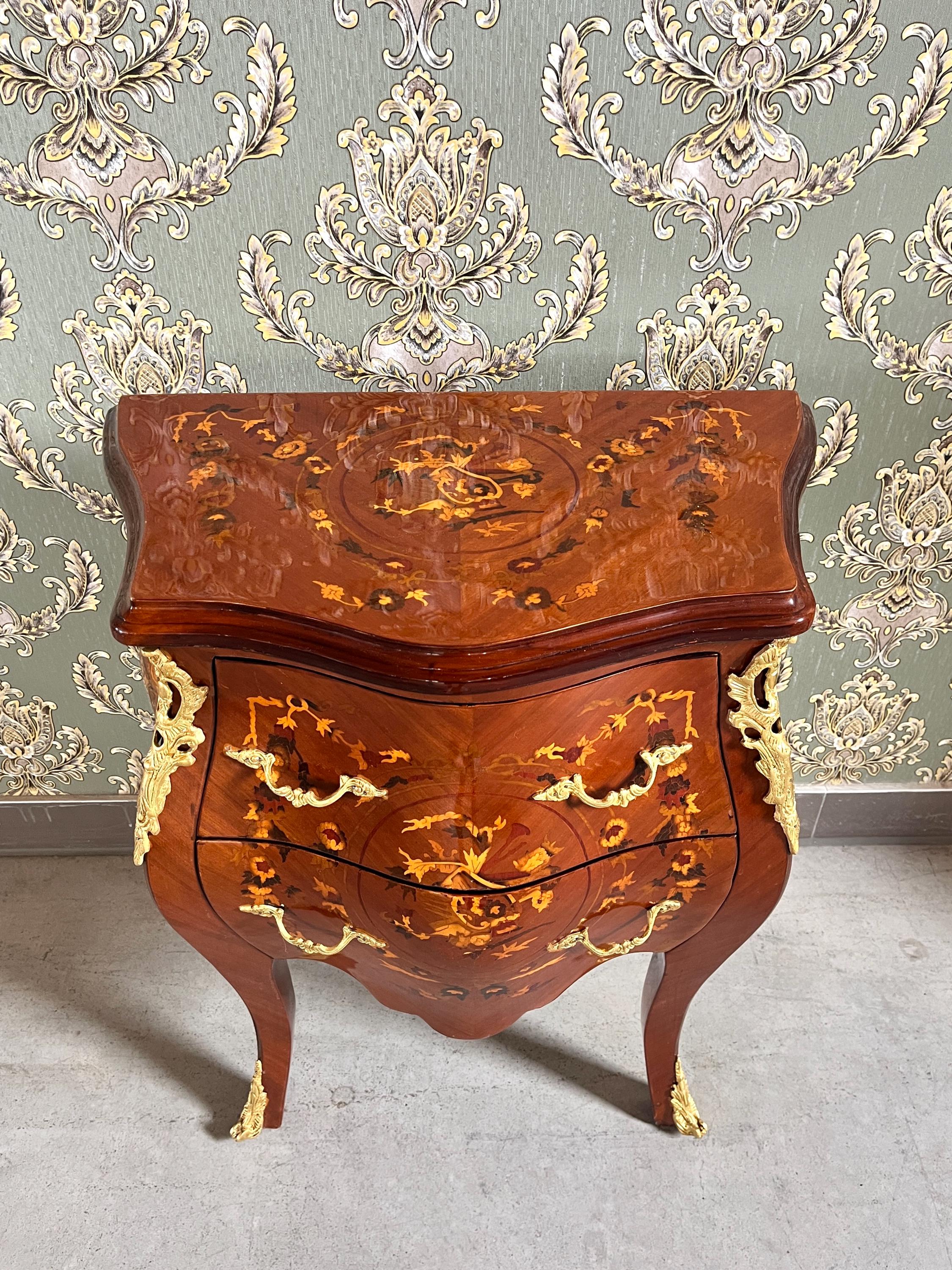 Glossy Chest of Drawer inlaid Wood Louis XV Style Dresser Marble Top Luxury Furniture