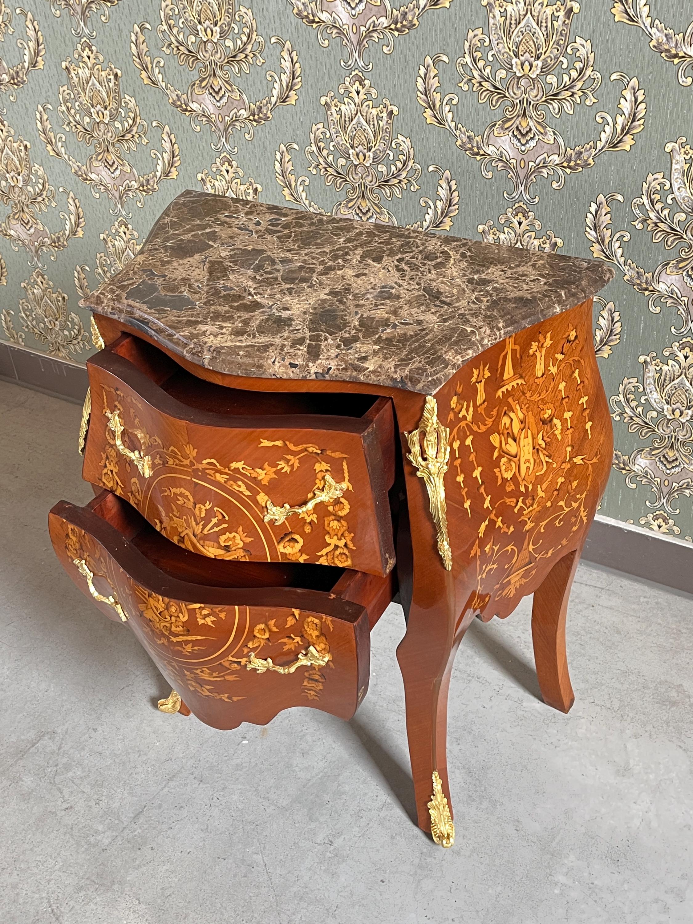 Glossy Chest of Drawer inlaid Wood Louis XV Style Dresser Marble Top Luxury Furniture