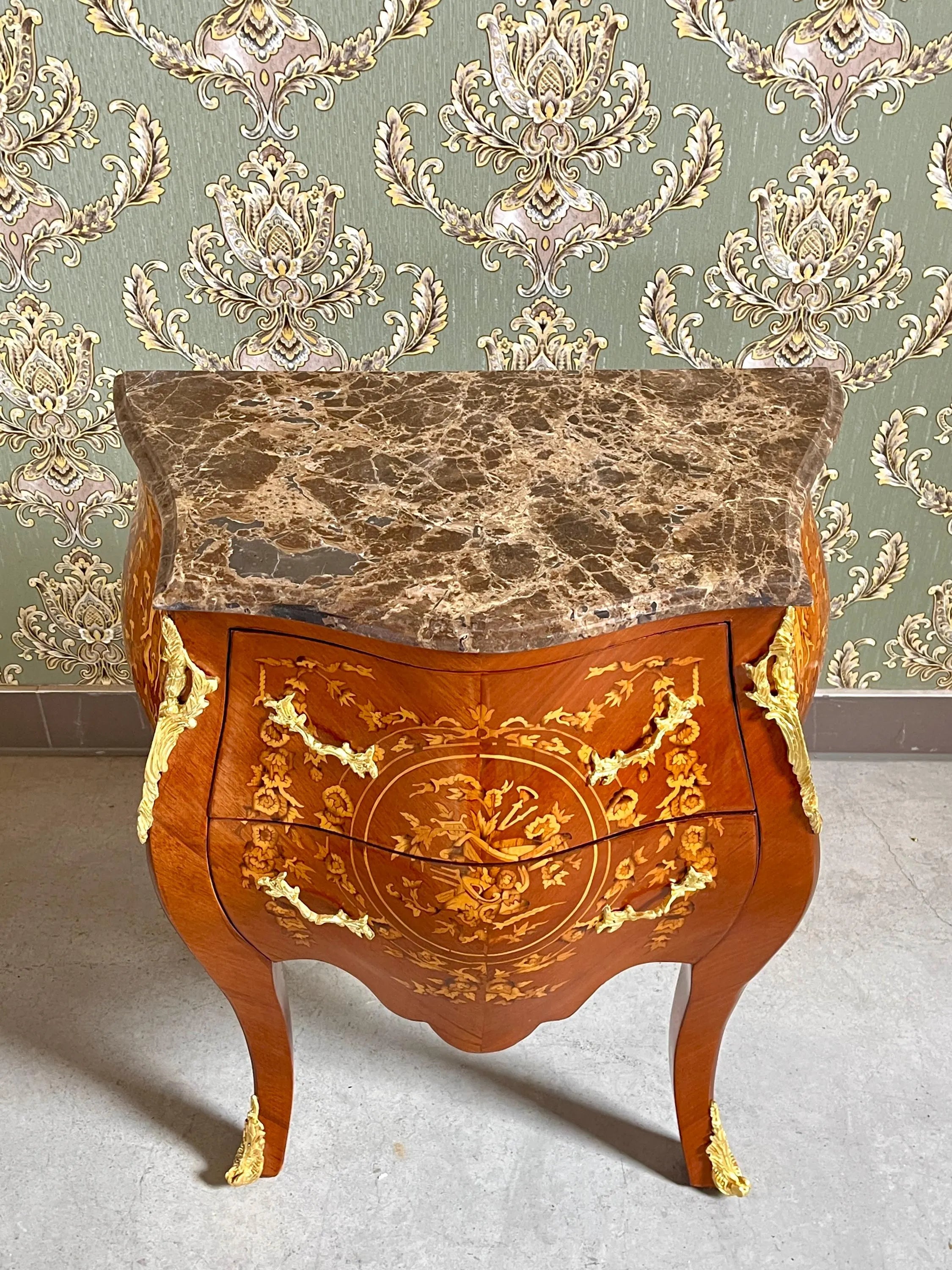 Glossy Chest of Drawer inlaid Wood Louis XV Style Dresser Marble Top Luxury Furniture