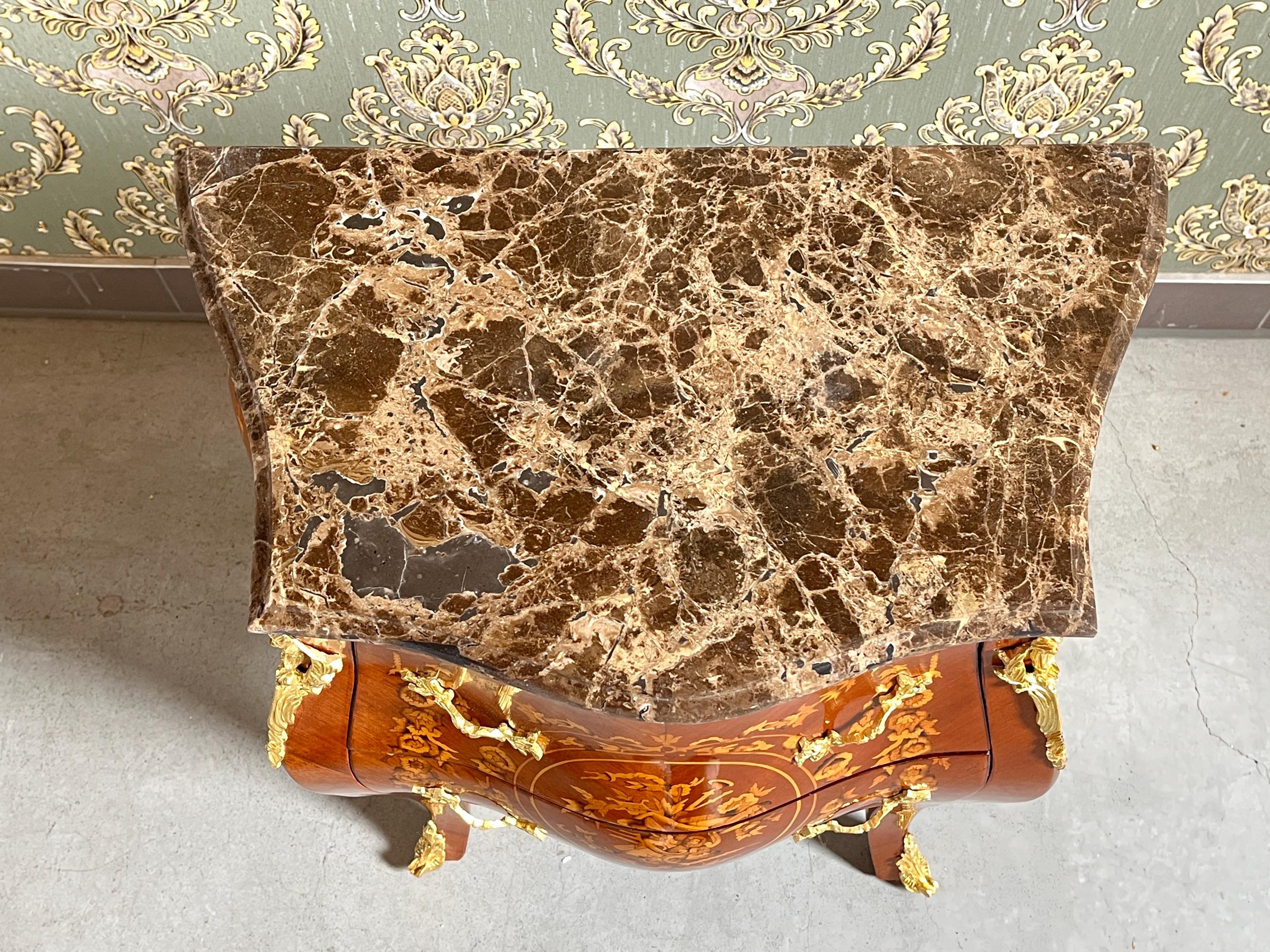 Glossy Chest of Drawer inlaid Wood Louis XV Style Dresser Marble Top Luxury Furniture