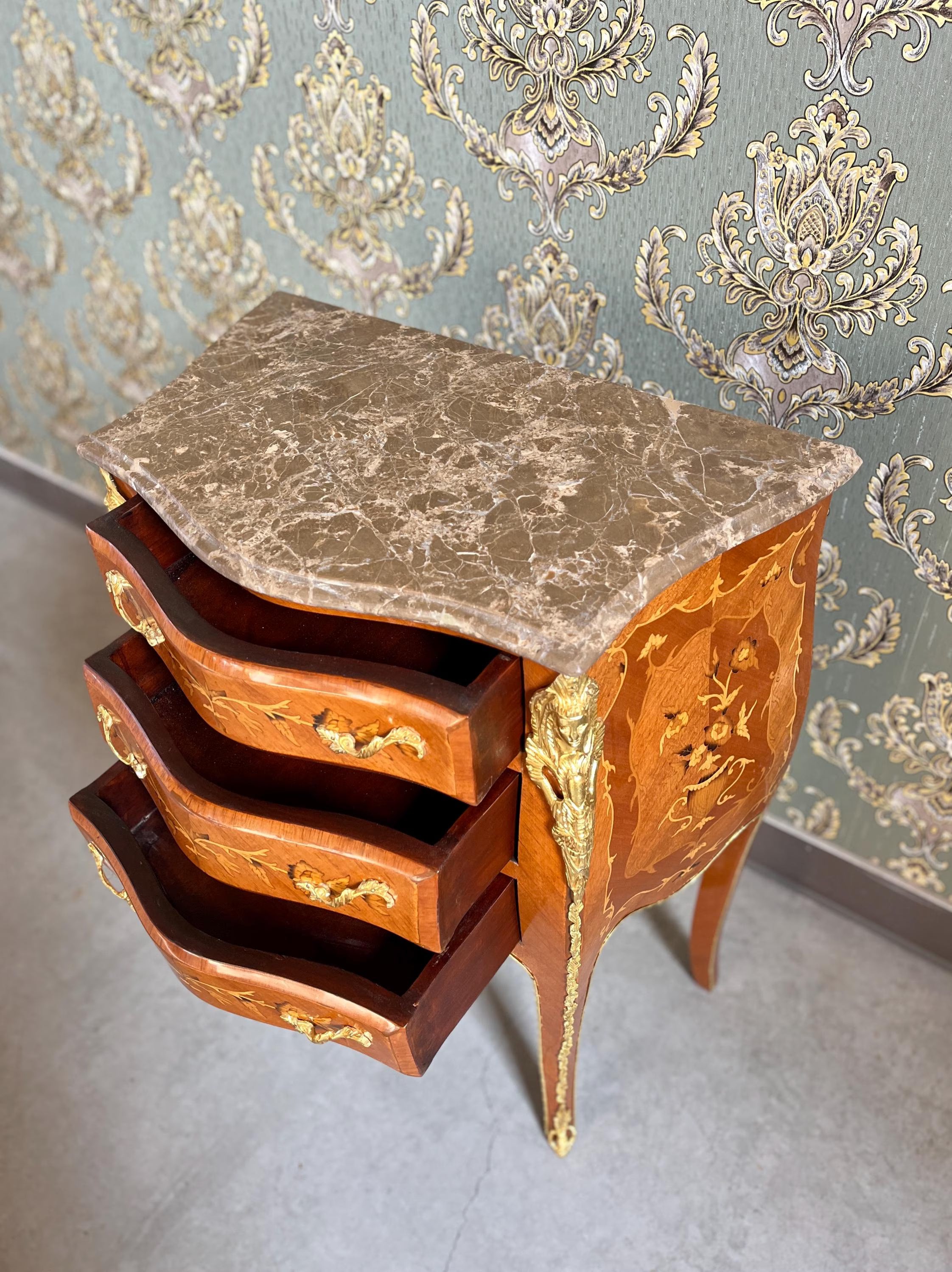 Louis XV Style Marquetry Bedside Table Marble Top French Baroque Nightstand Cabinet