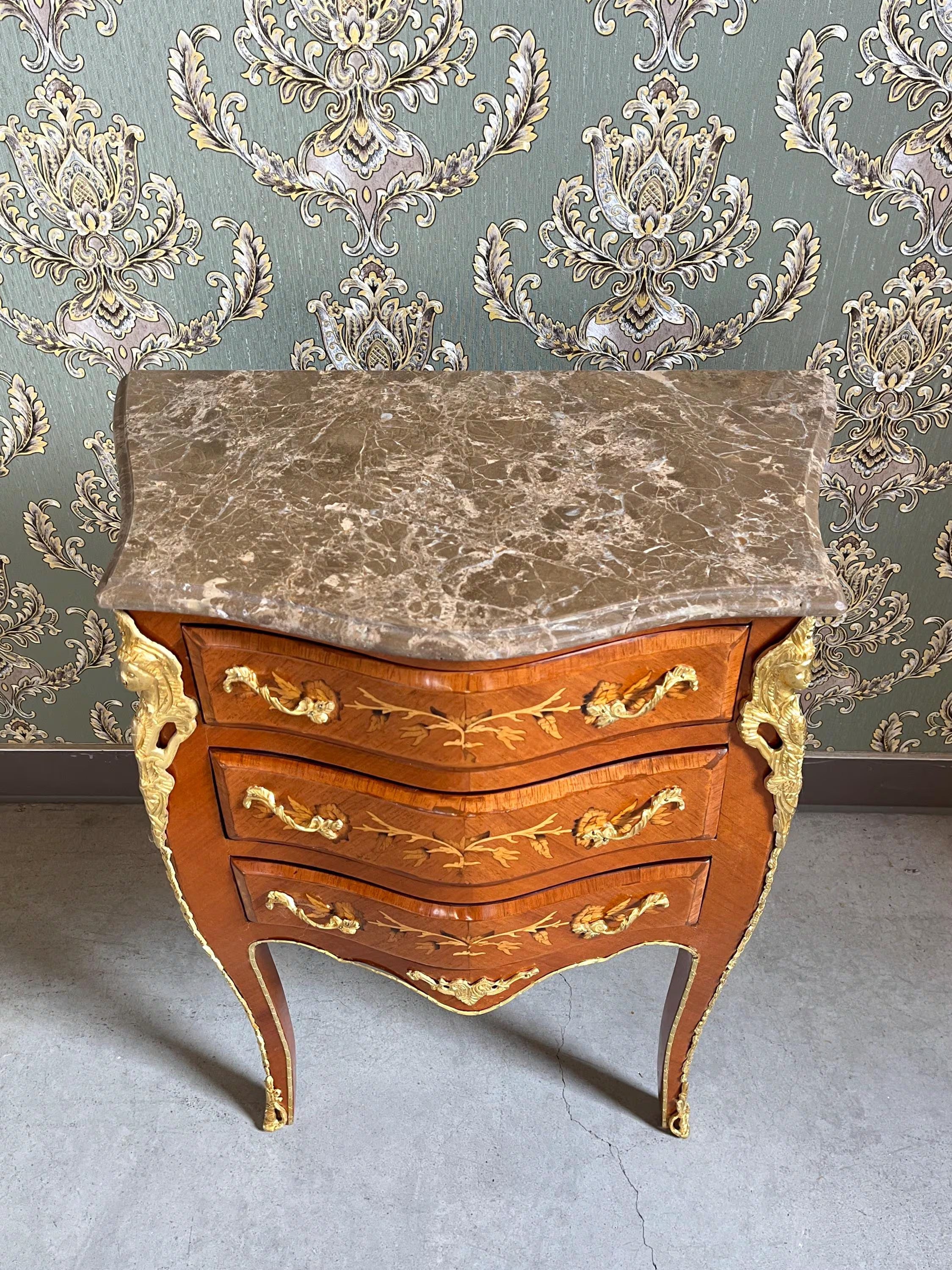 Louis XV Style Marquetry Bedside Table Marble Top French Baroque Nightstand Cabinet
