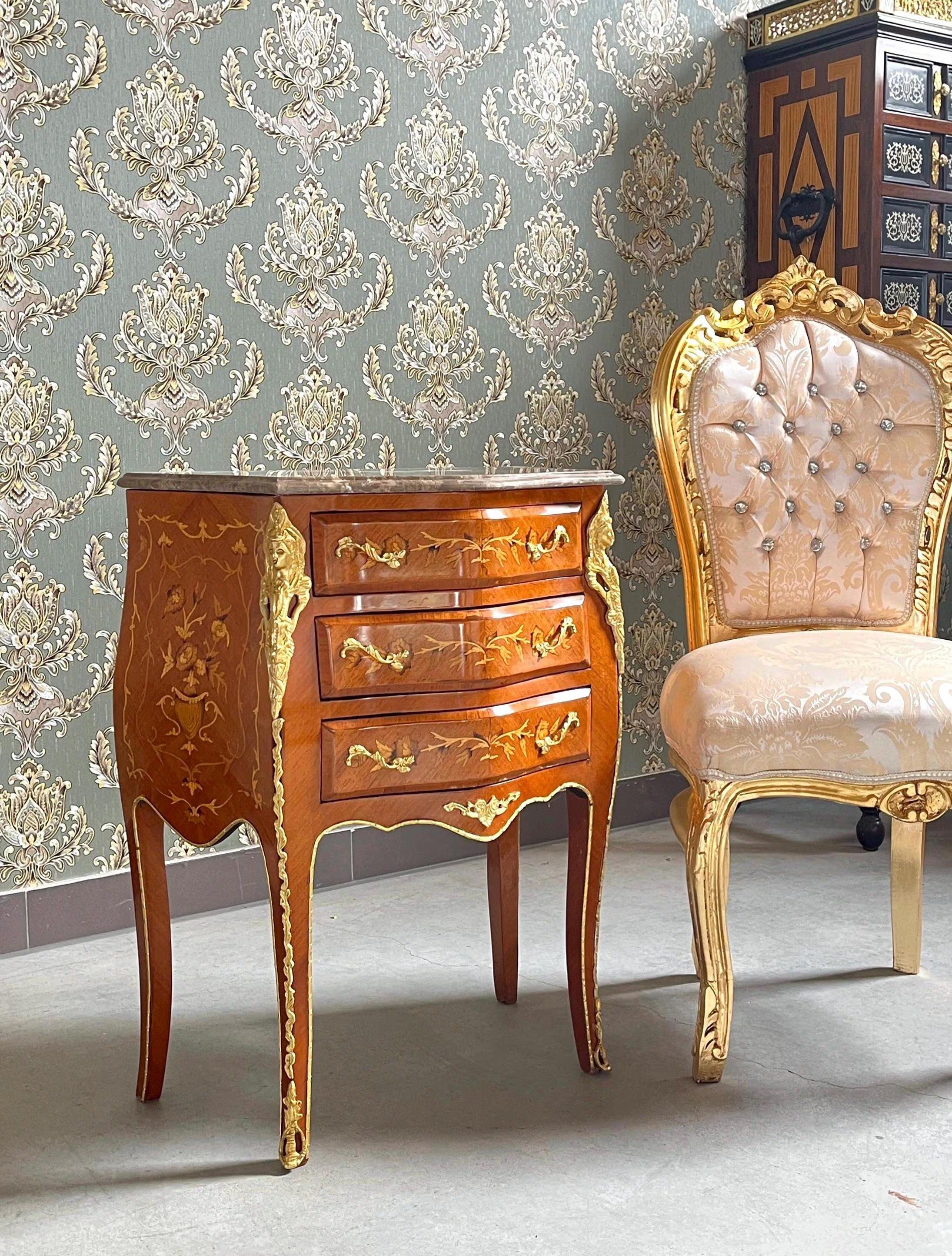 Louis XV Style Marquetry Bedside Table Marble Top French Baroque Nightstand Cabinet