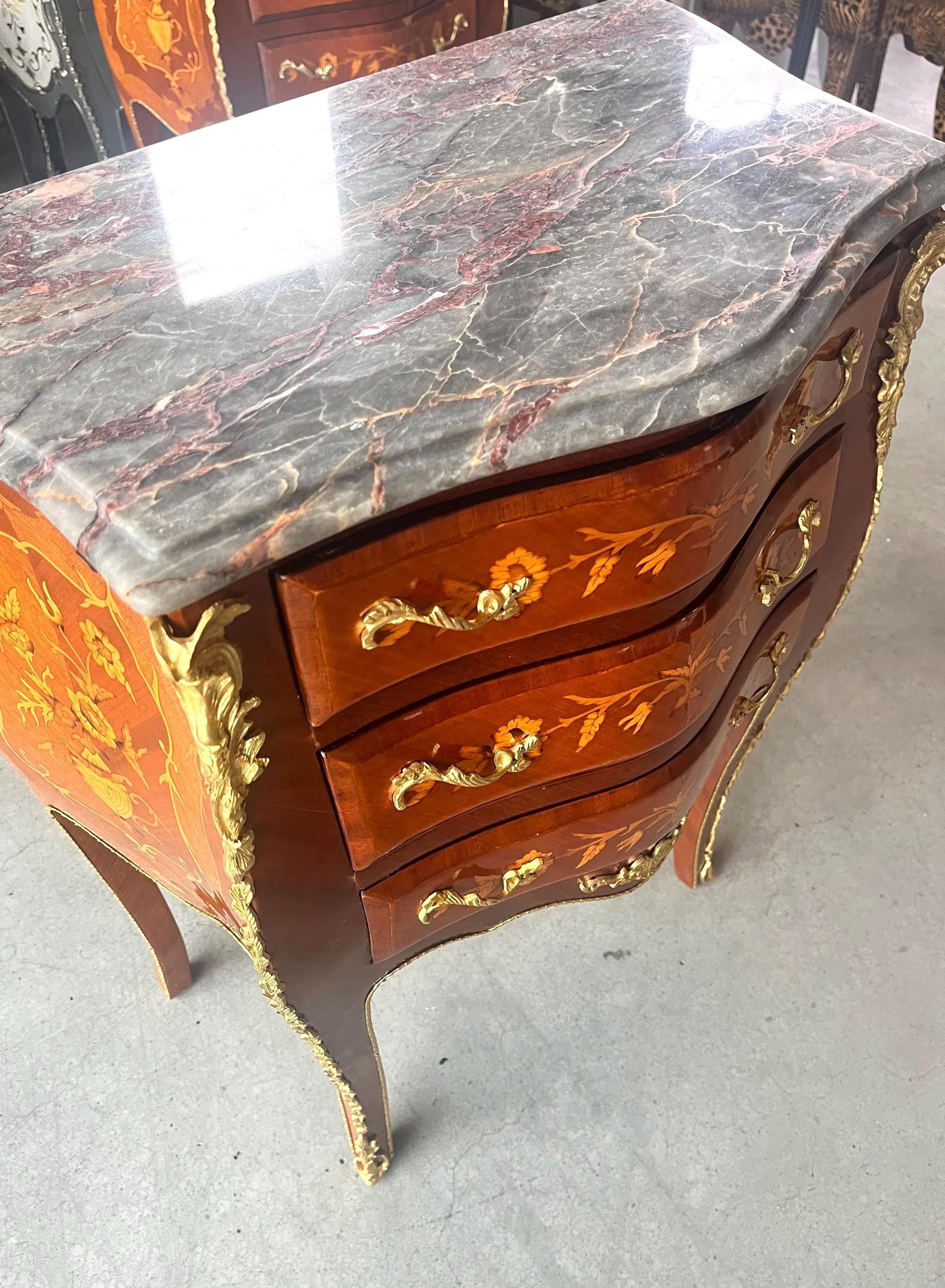 Louis XV Style Marquetry Bedside Table Marble Top French Baroque Nightstand Cabinet