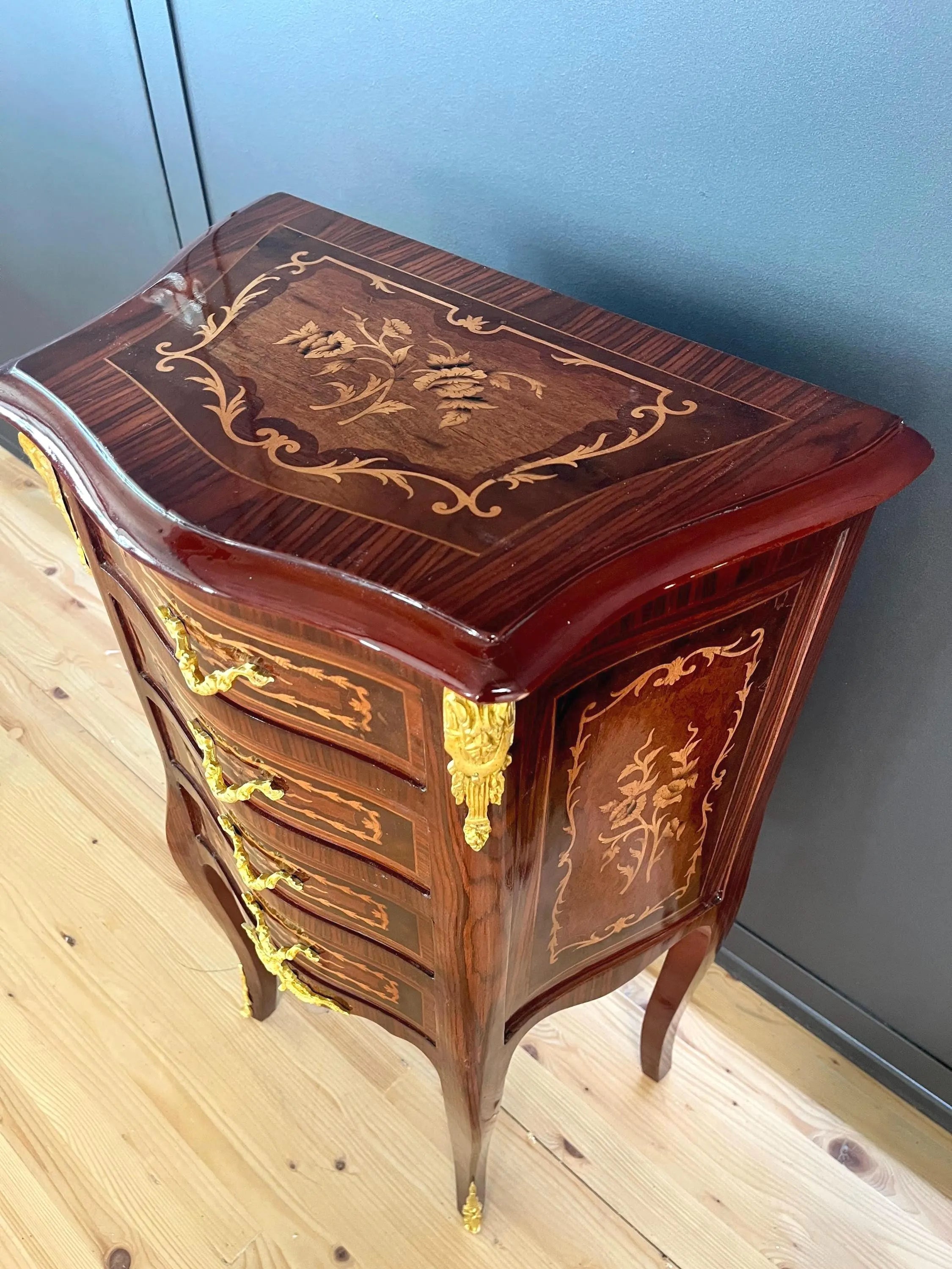 Baroque Inlaid Wood Chest of Drawers Brass Ornaments French Style Nightstand