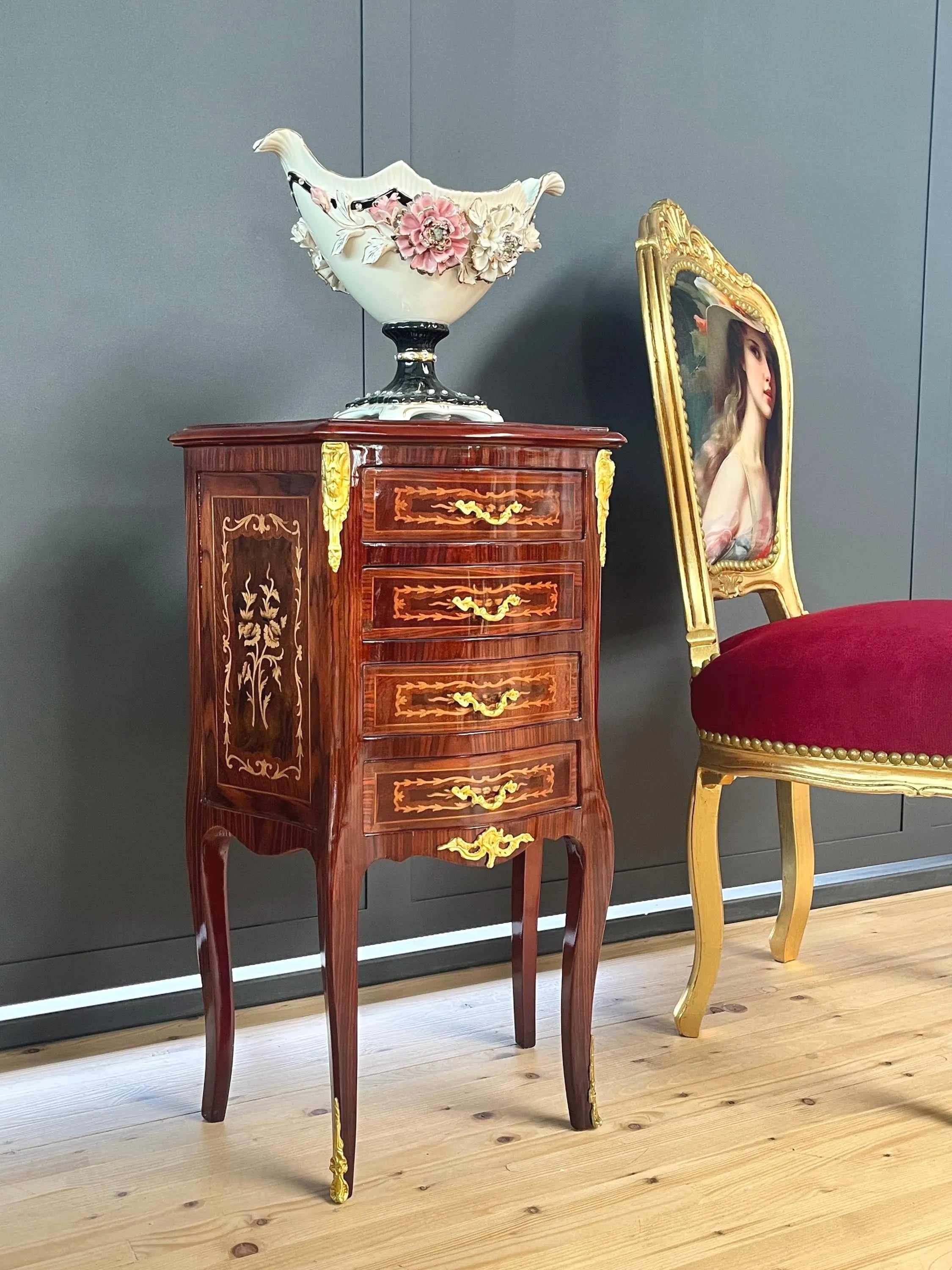 Baroque Inlaid Wood Chest of Drawers Brass Ornaments French Style Nightstand