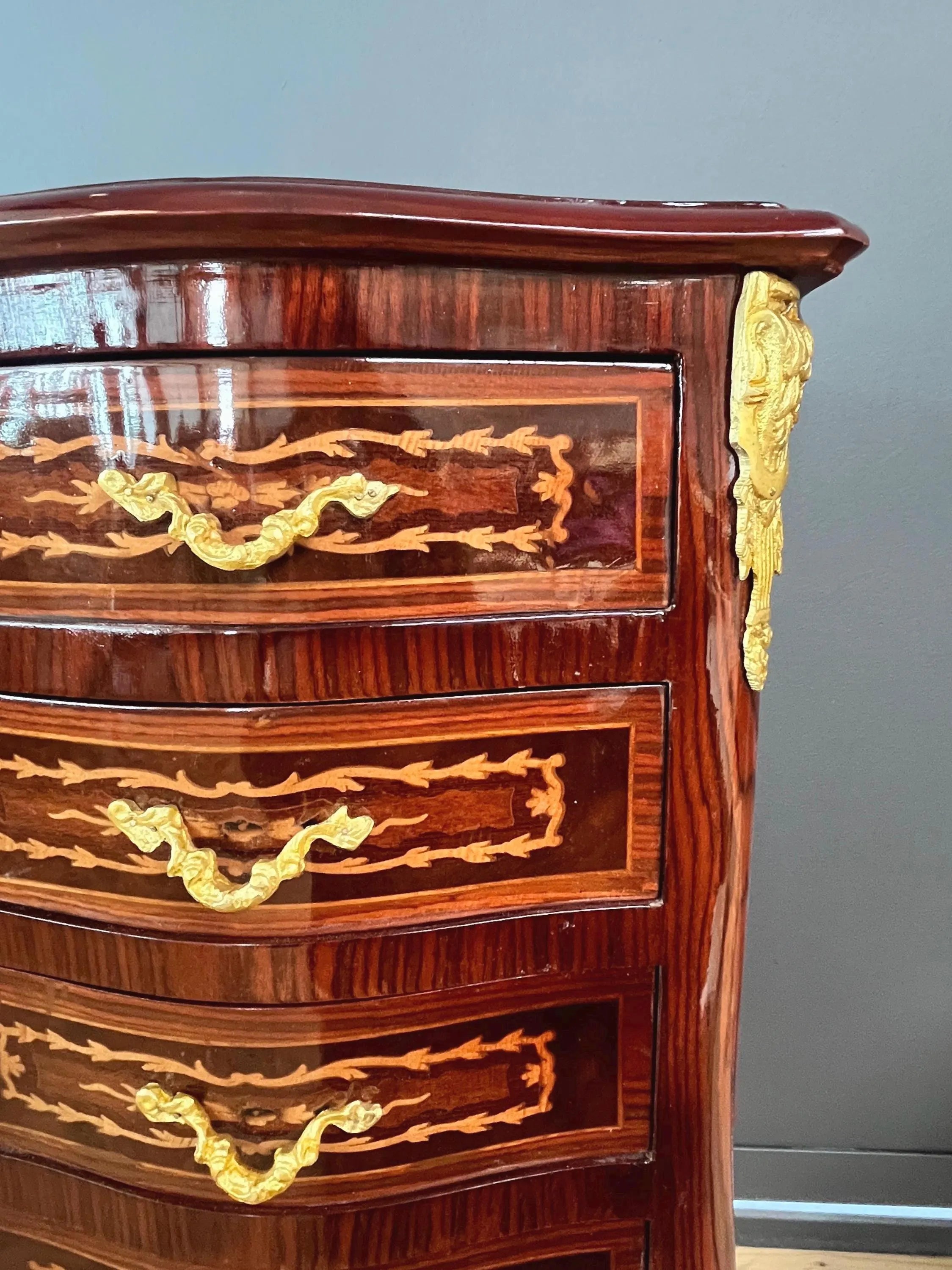 Baroque Inlaid Wood Chest of Drawers Brass Ornaments French Style Nightstand