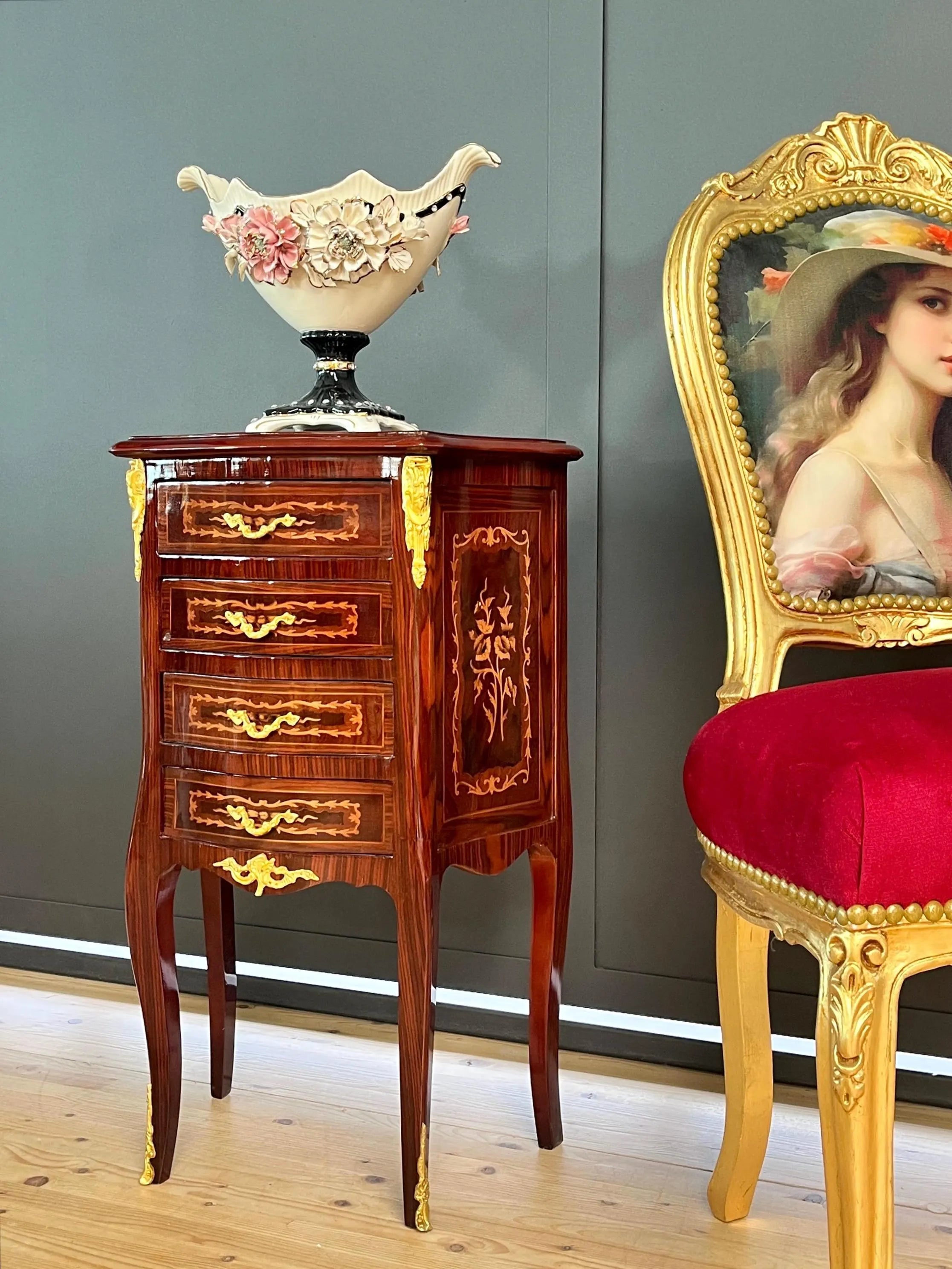 Baroque Inlaid Wood Chest of Drawers Brass Ornaments French Style Nightstand