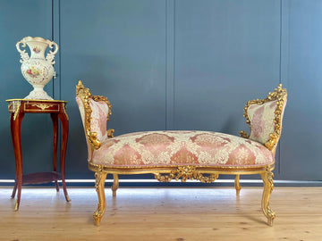 Hand-Carved Birchwood Baroque Chaise Lounge Rose Gold Floral Damask Settee