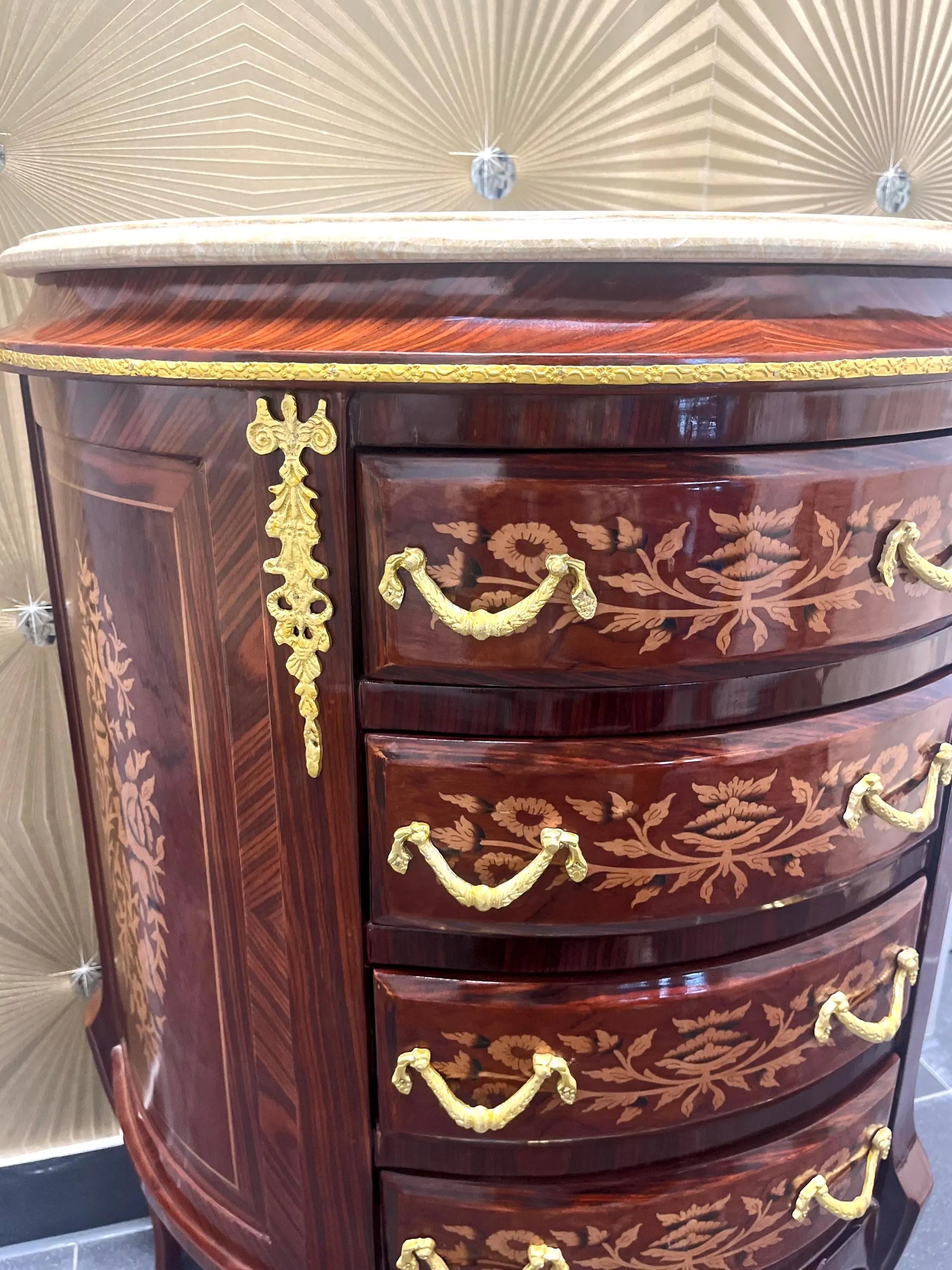 Baroque Style Chest of Drawers Inlaid Wood Leaf Motif Marble Top Brass Handles