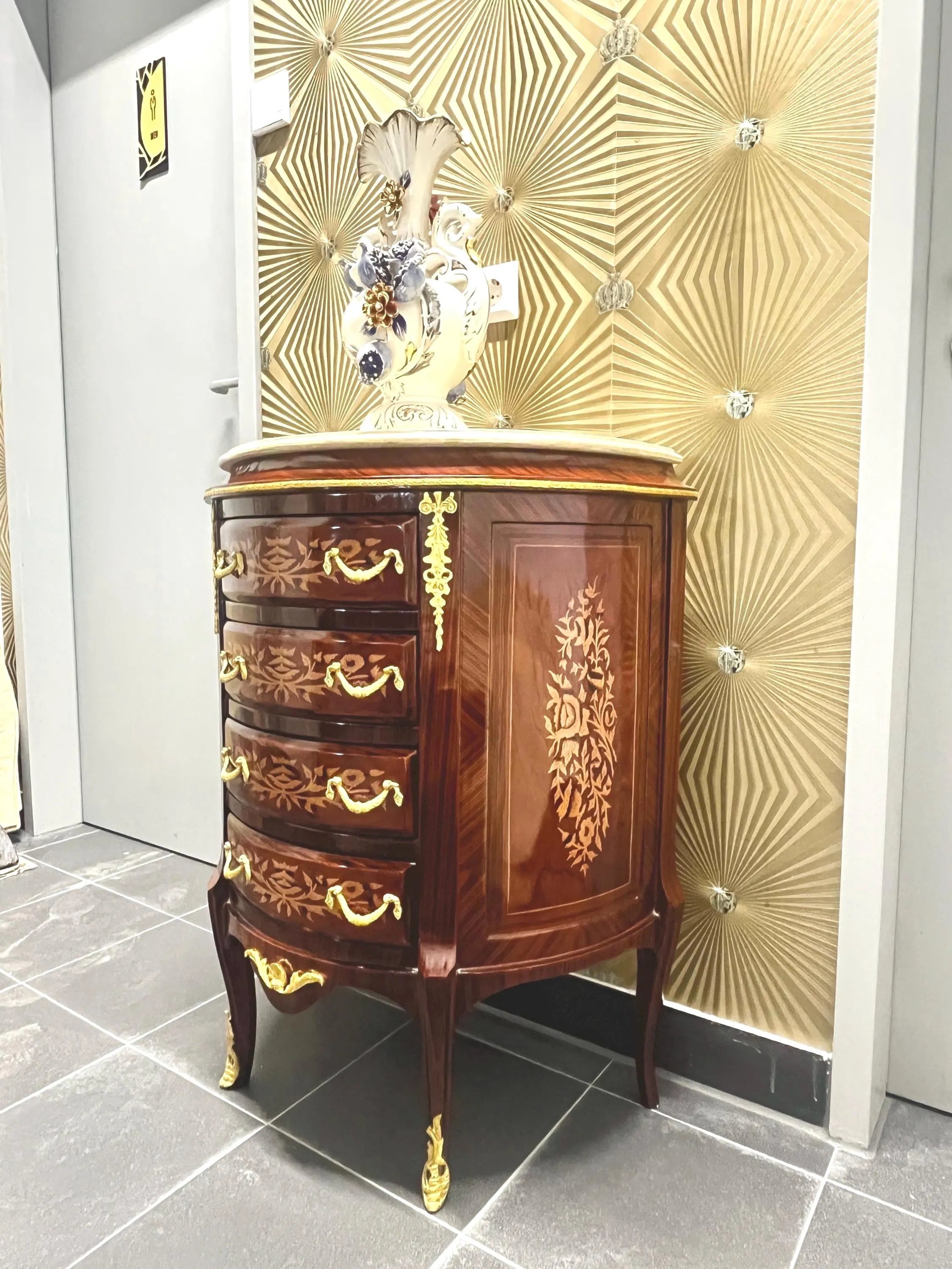 Baroque Style Chest of Drawers Inlaid Wood Leaf Motif Marble Top Brass Handles