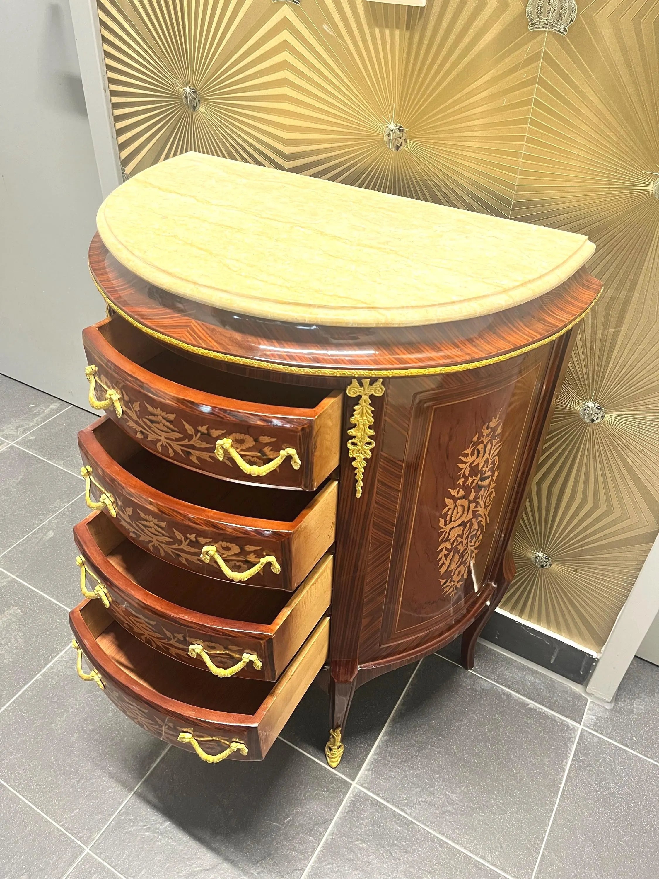 Baroque Style Chest of Drawers Inlaid Wood Leaf Motif Marble Top Brass Handles