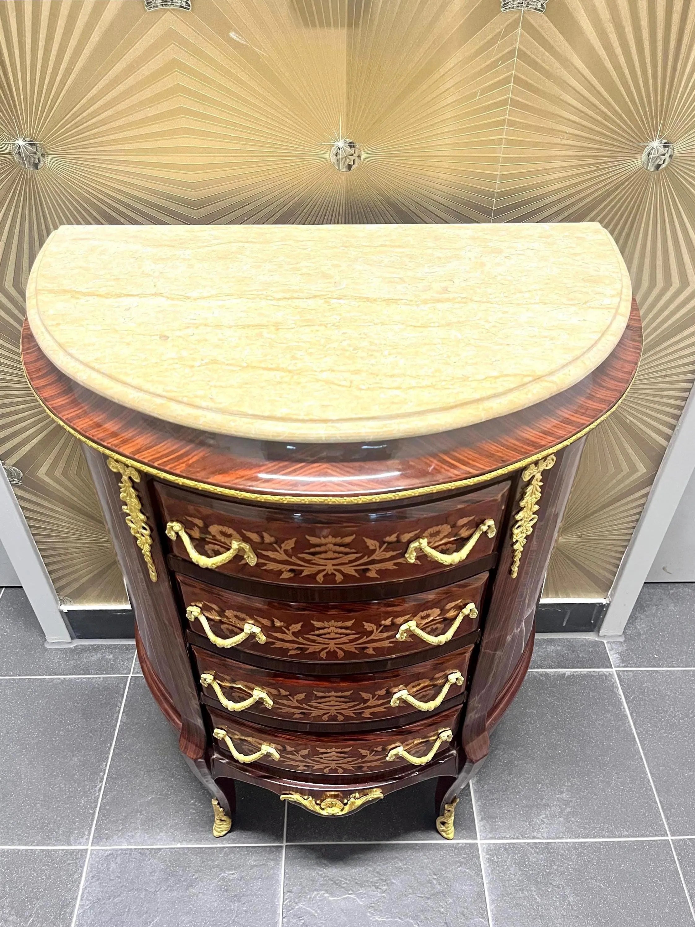 Baroque Style Chest of Drawers Inlaid Wood Leaf Motif Marble Top Brass Handles