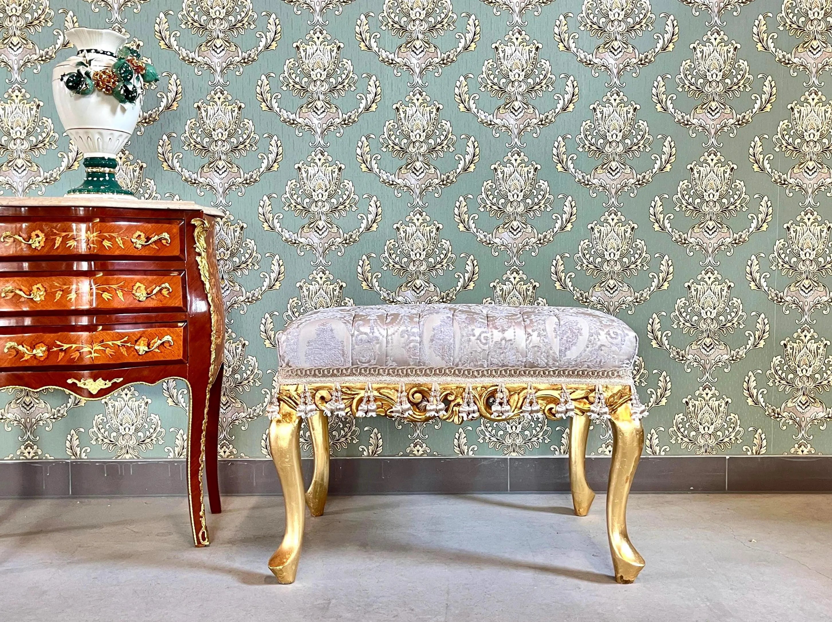 Baroque Style Flower Damask Bench: Rococo Ottoman in Gold Finish