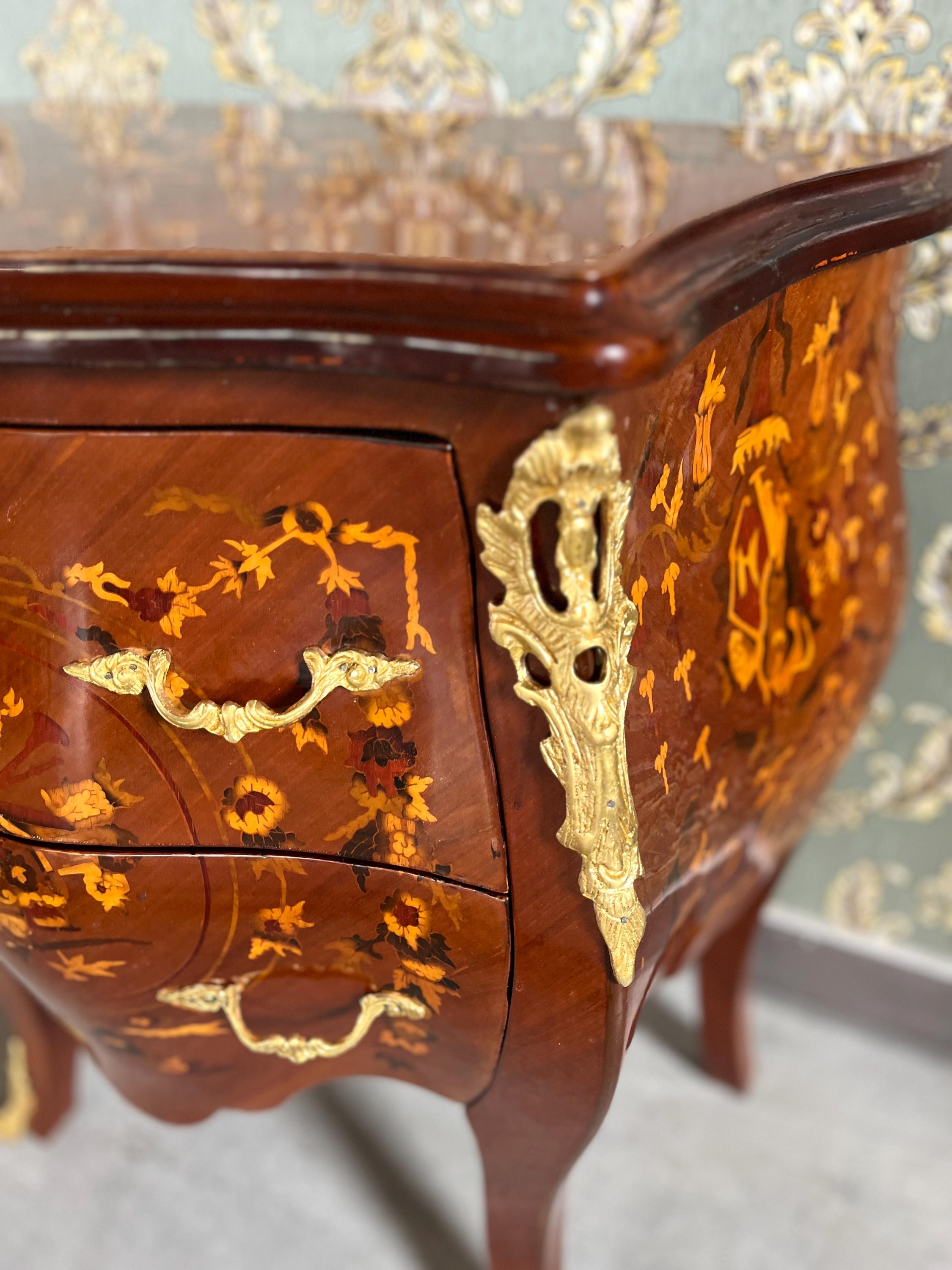 Glossy Chest of Drawer inlaid Wood Louis XV Style Dresser Marble Top Luxury Furniture