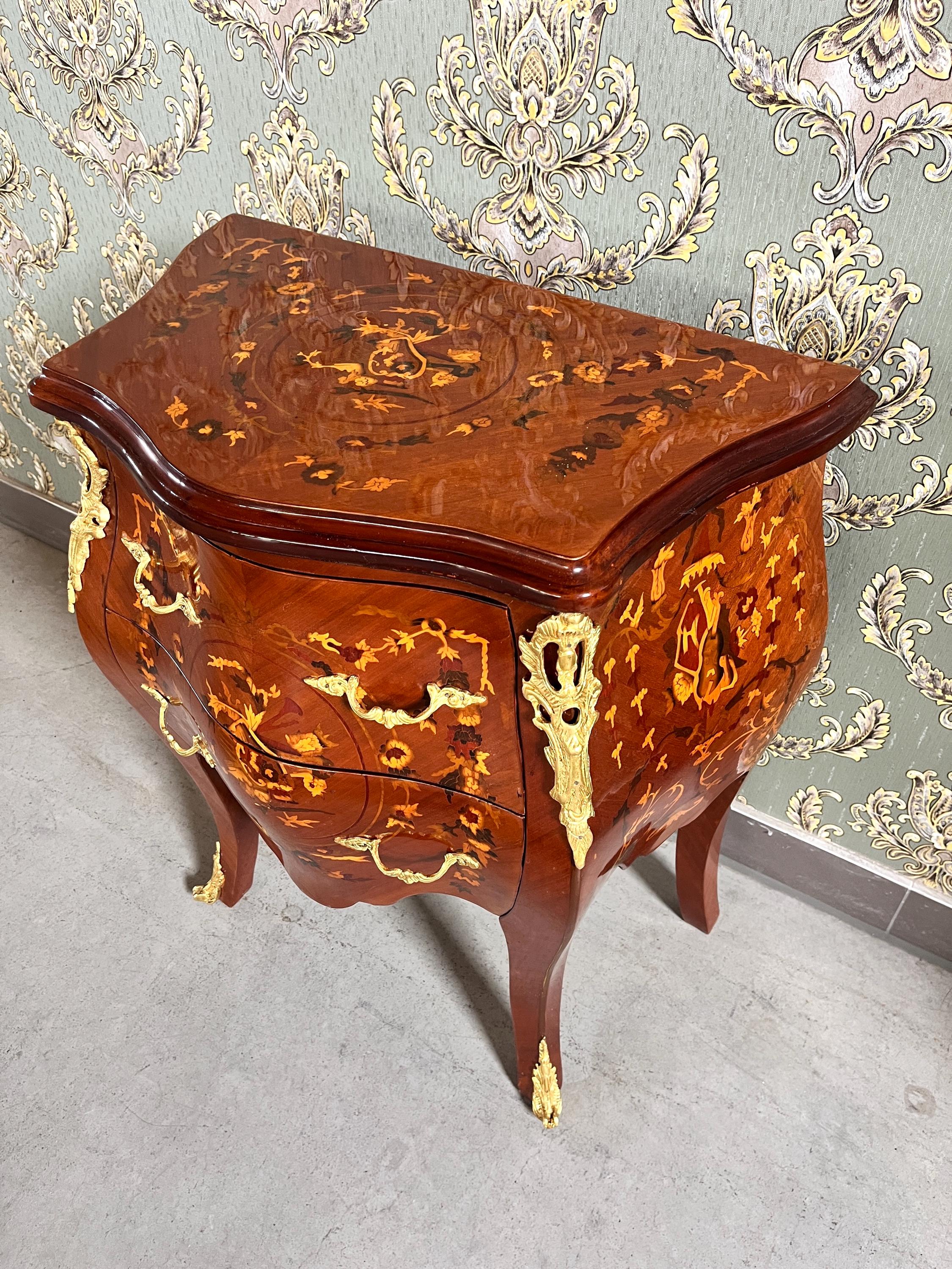 Glossy Chest of Drawer inlaid Wood Louis XV Style Dresser Marble Top Luxury Furniture
