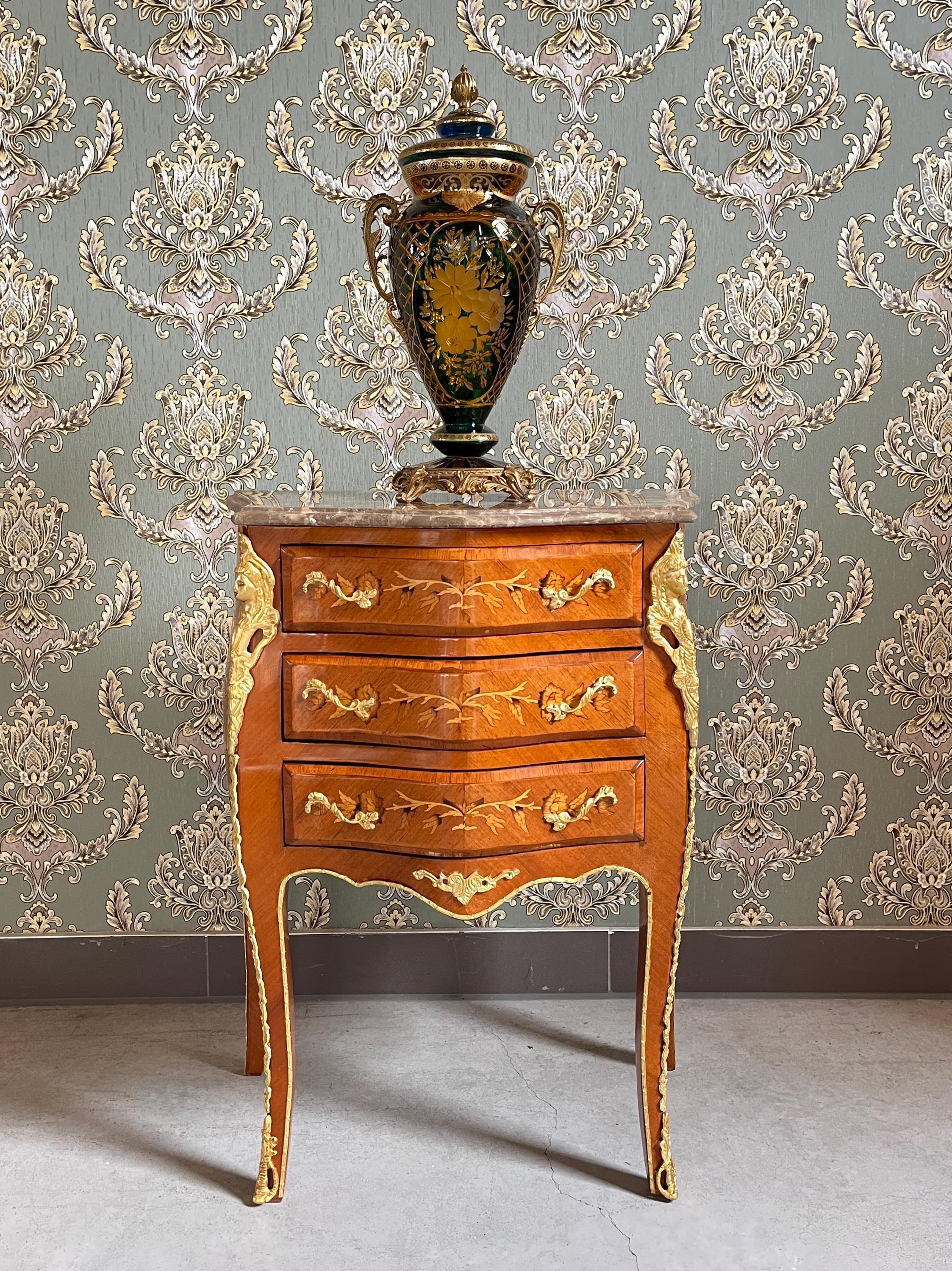 Louis XV Style Marquetry Bedside Table Marble Top French Baroque Nightstand Cabinet