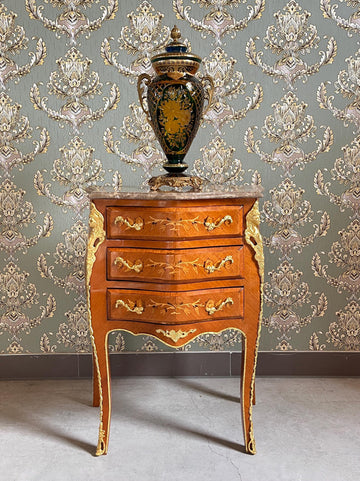 Louis XV Style Marquetry Bedside Table Marble Top French Baroque Nightstand Cabinet