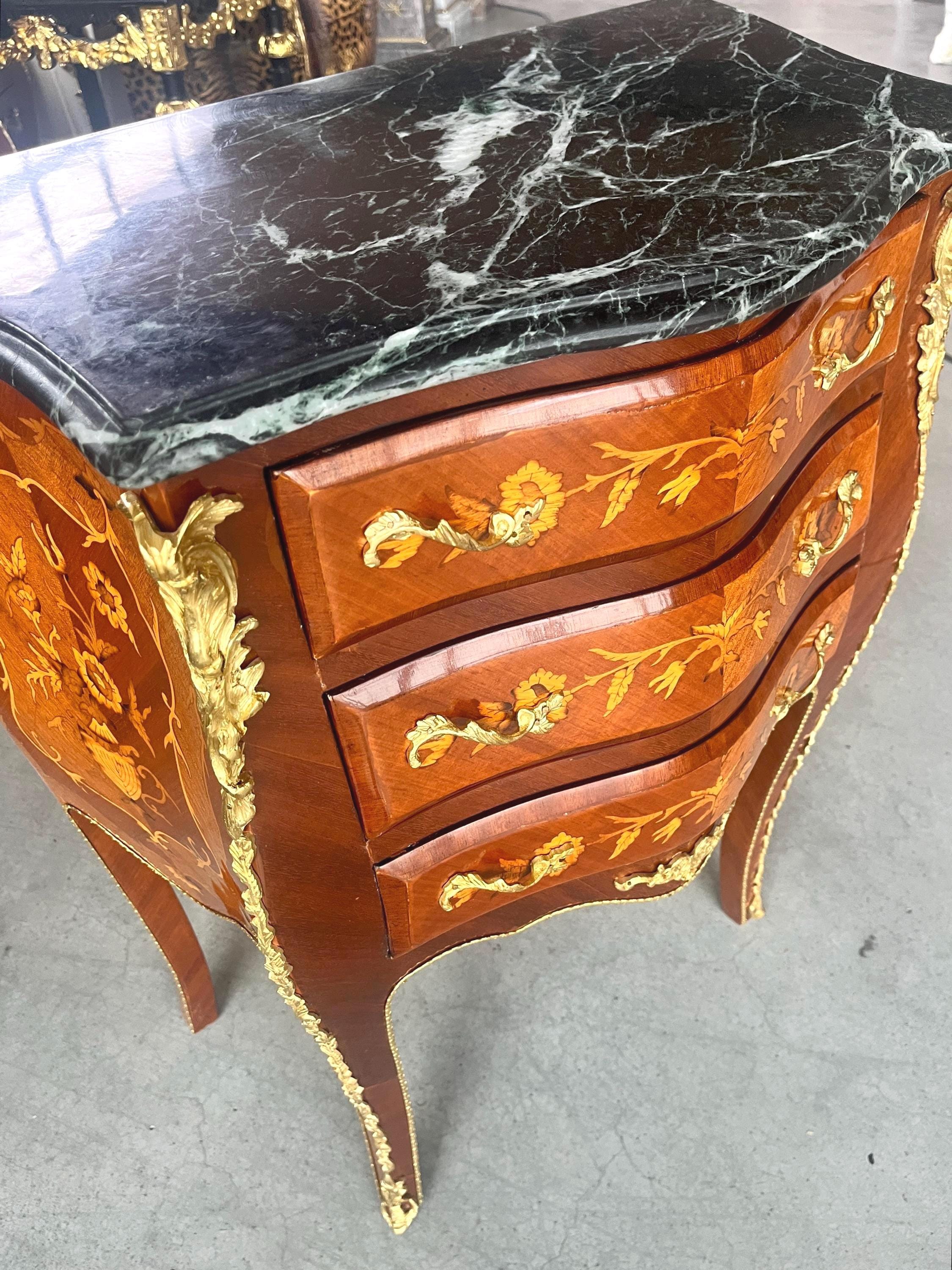 Louis XV Style Marquetry Bedside Table Marble Top French Baroque Nightstand Cabinet