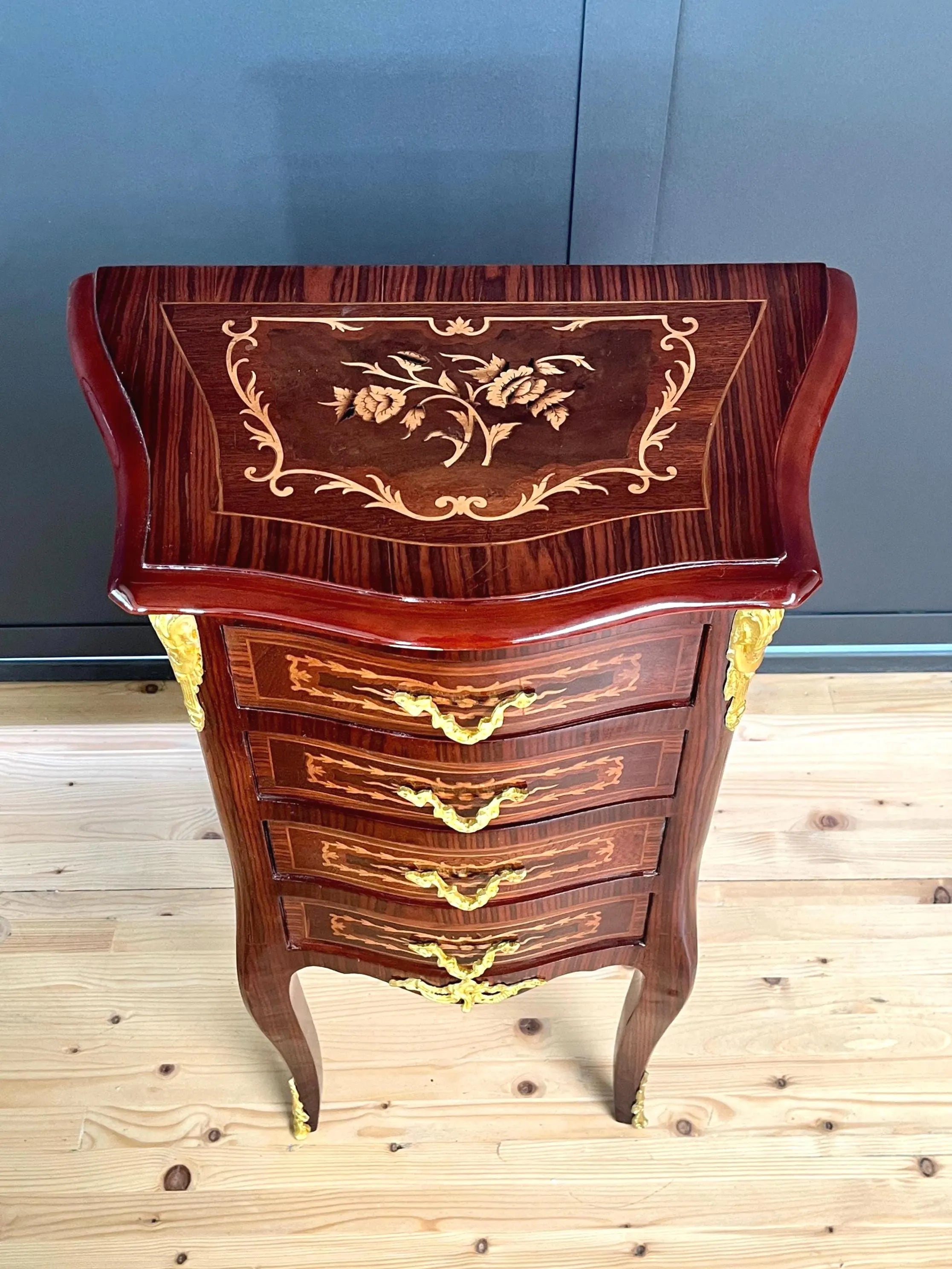 Baroque Inlaid Wood Chest of Drawers Brass Ornaments French Style Nightstand