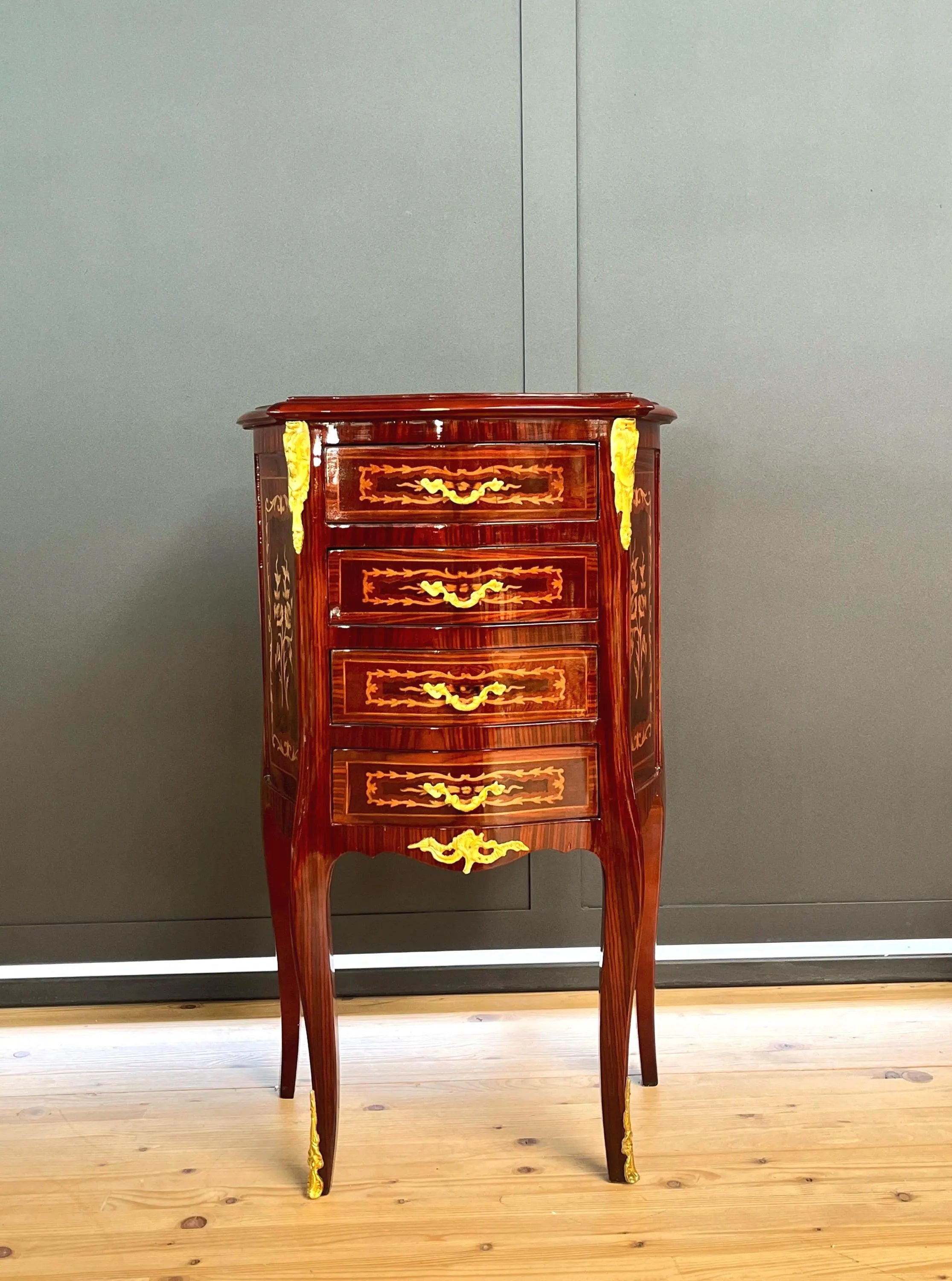 Baroque Inlaid Wood Chest of Drawers Brass Ornaments French Style Nightstand