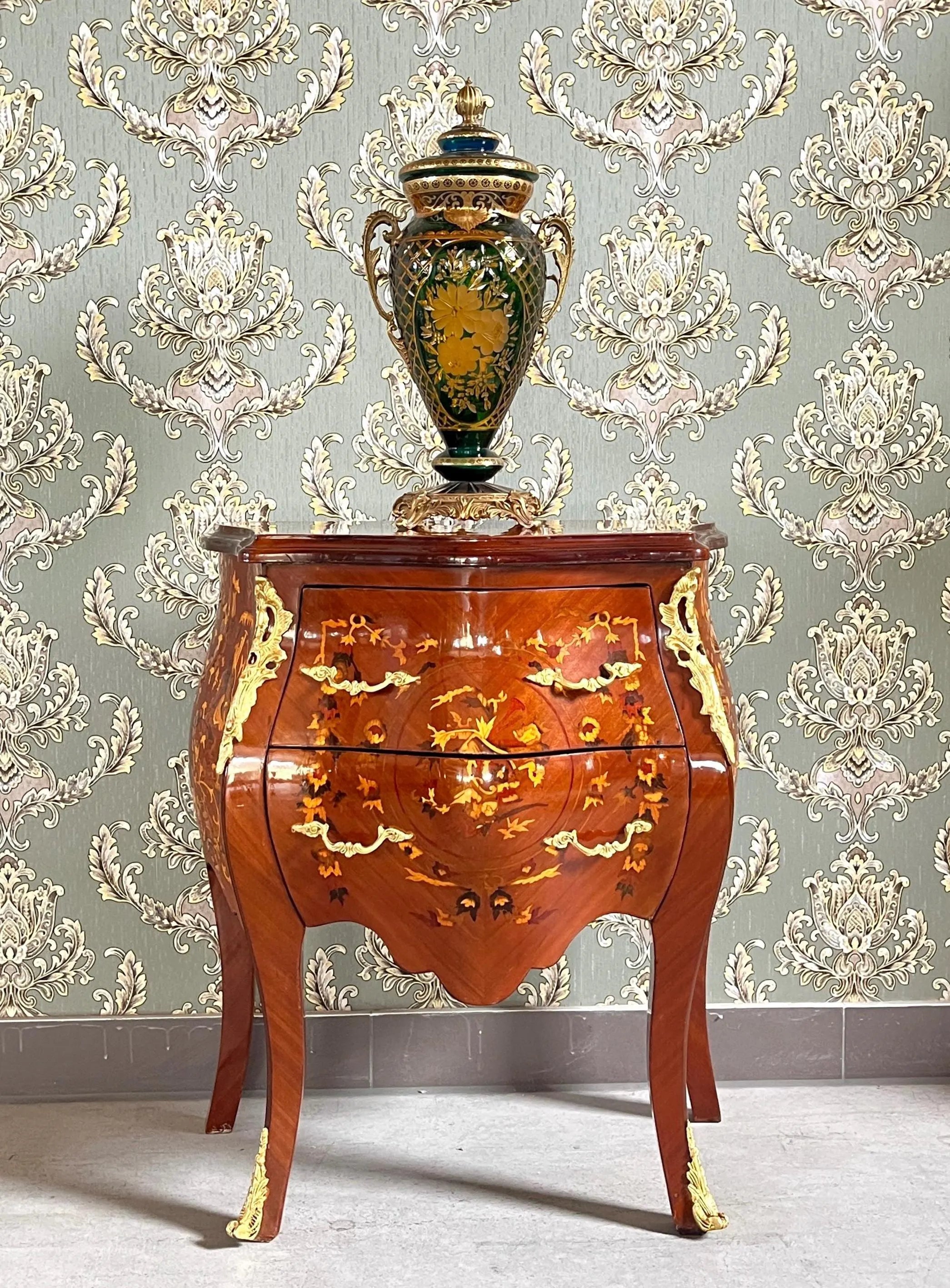 Glossy Chest of Drawer inlaid Wood Louis XV Style Dresser Marble Top Luxury Furniture