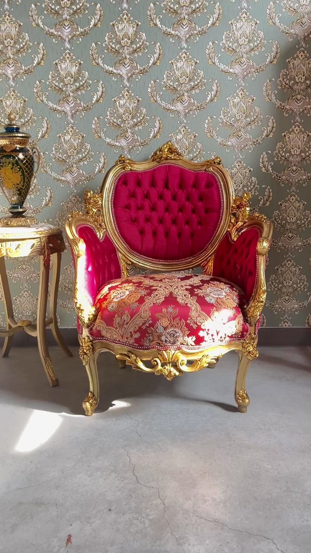 Royal Accent Armchair Bordeaux Red Damask Lounge Chair Luxury Handcrafted Furniture