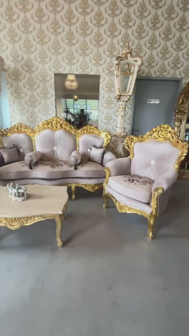Louis XV Style Sofa Set: Beige Velvet, Gold Finish, Retro Rococo Couch