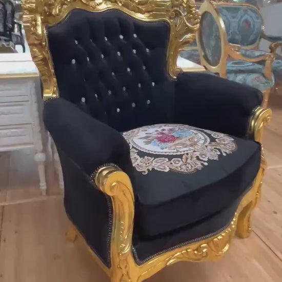 Armchair French Baroque Rococo Style in Black Embroidered Gold Finish Retro Home Decor