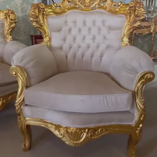 French Louis XV Style Sofa Set: Tufted Velvet, Gold Finish, Marble Top Table