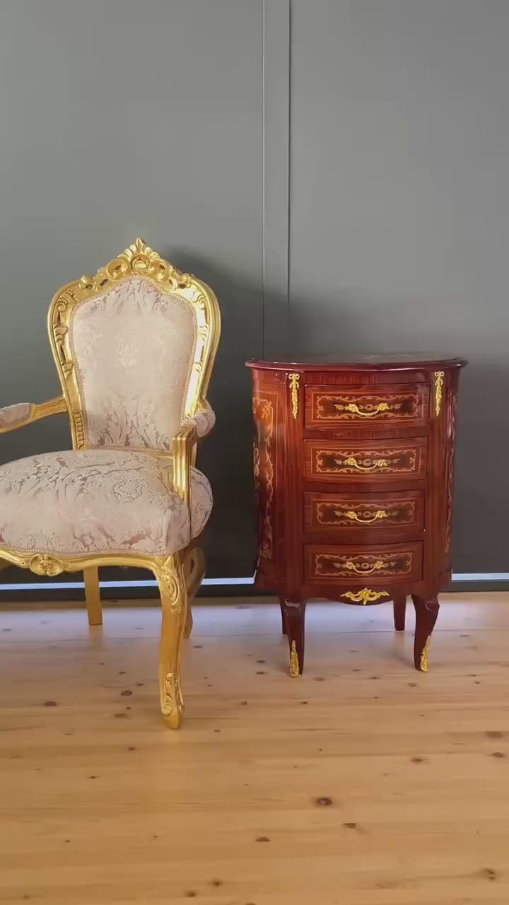 French Antique Style Nightstand Baroque Brown Bedside Table in Oval shape Brass Handles