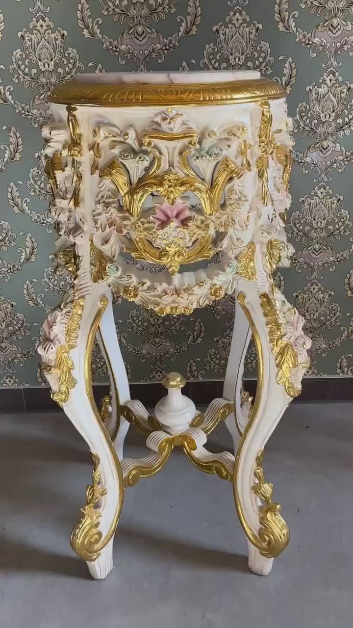 French Baroque Marble Top Column Gold Finish Royal Home Decor