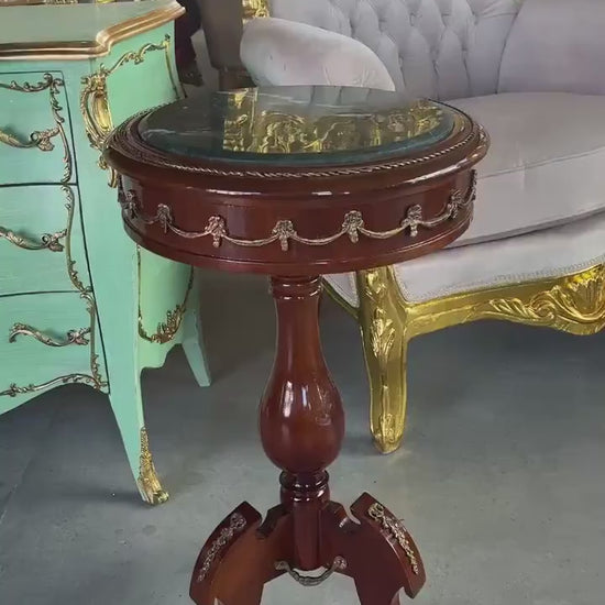 Small Wooden Side Table Baroque Antique Style Coffee Table Handcrafted Brown Round Table w/ Beige Marble Green Marble or Brown Marble Top