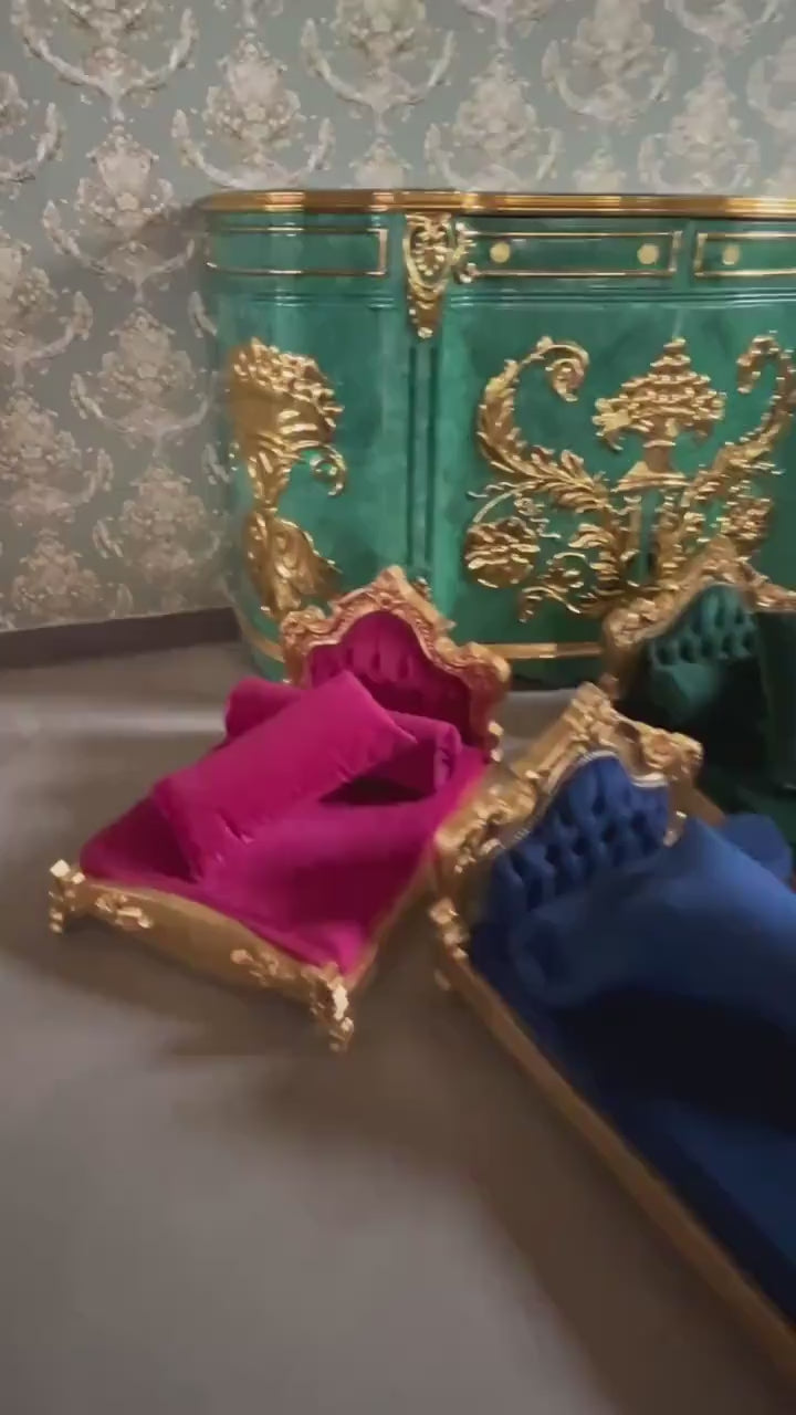 Small Pet Bed French Louis Baroque Style Dog Bed in Gold Finish Cute Baroque Rococo Pet Bed in Pink Velvet Blue Velvet & Green Velvet