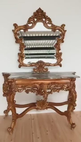 French Baroque Console Table with Marble Top: Antique Gold Finish