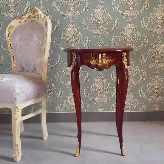 French Antique Style Side Table: Solid Wood, Brass Ornaments, Glossy Coffee Table
