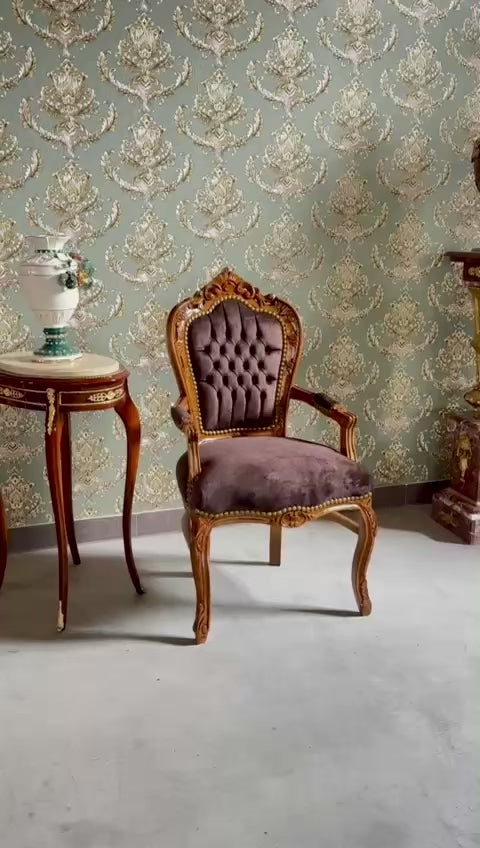 Elegant Wooden Armchair Brown Velvet French Baroque Style Chair Handmade