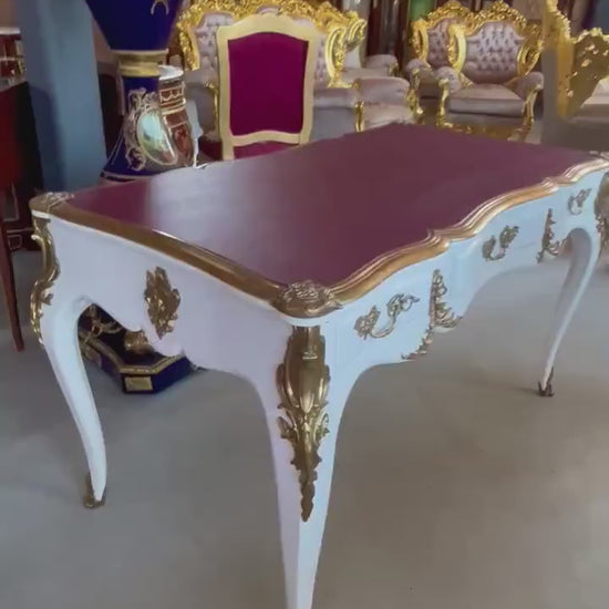 Handcrafted Baroque Writing Desk: White Lacquered Wood with Bronze Detail