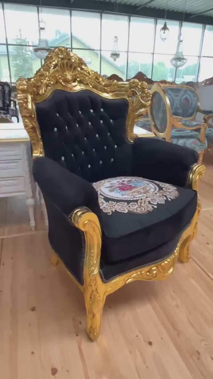 Armchair French Baroque Rococo Style in Black Embroidered Gold Finish Retro Home Decor