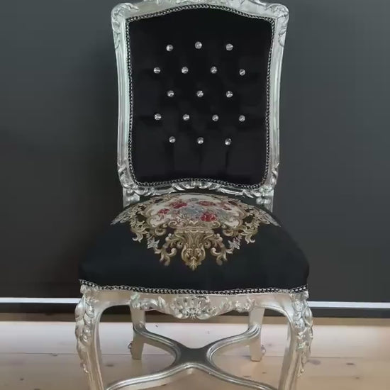 Antique Style Baroque Accent Chair: Black Velvet, Flower Embroidered, Silver Finish